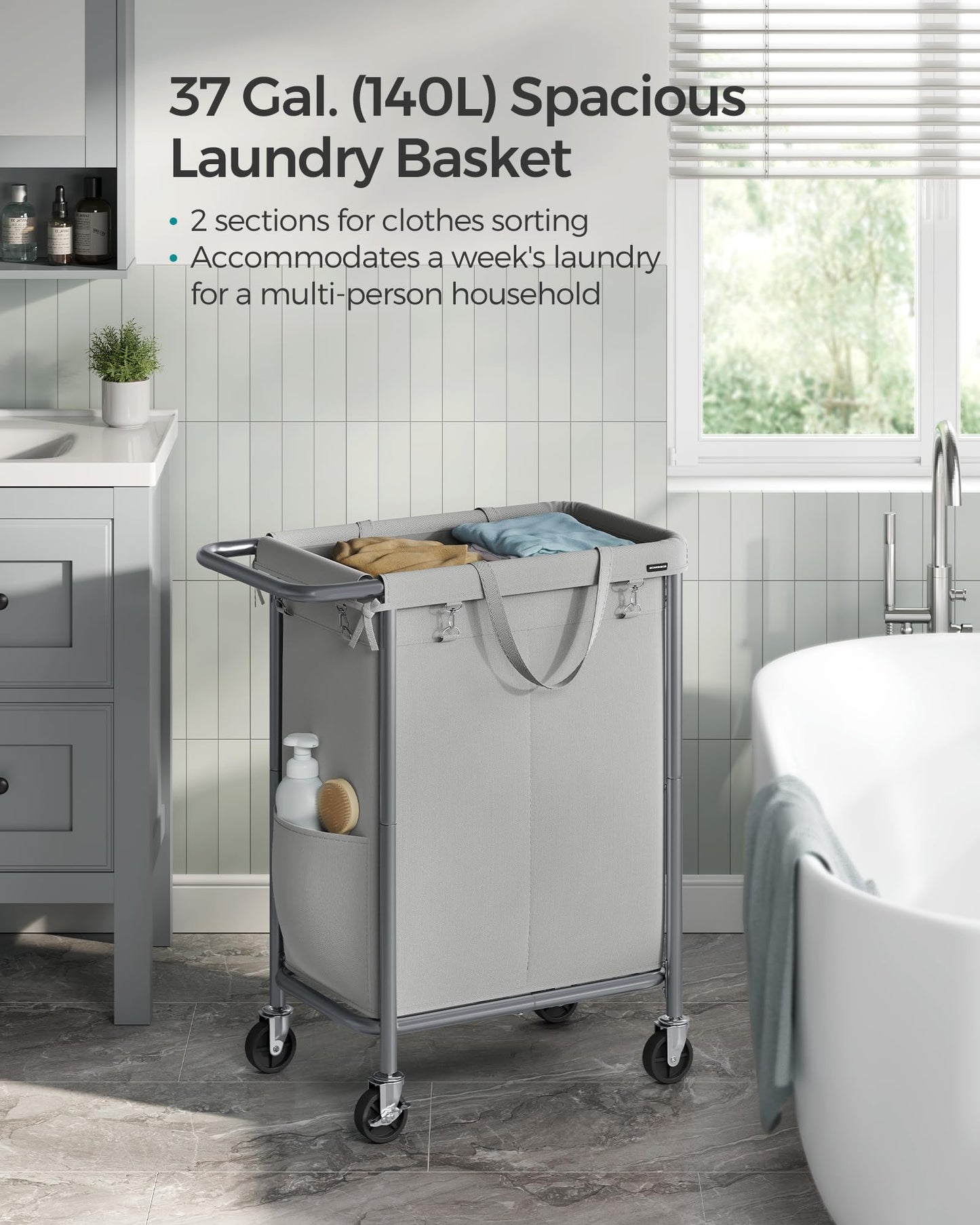 SONGMICS Laundry Basket with Wheels, 2-Section Rolling Laundry Hamper, 37 Gallons (140 L), Removable Liner, Steel Frame with Handle, 69 x 39 x 81 cm, Dove Gray URLS004G01