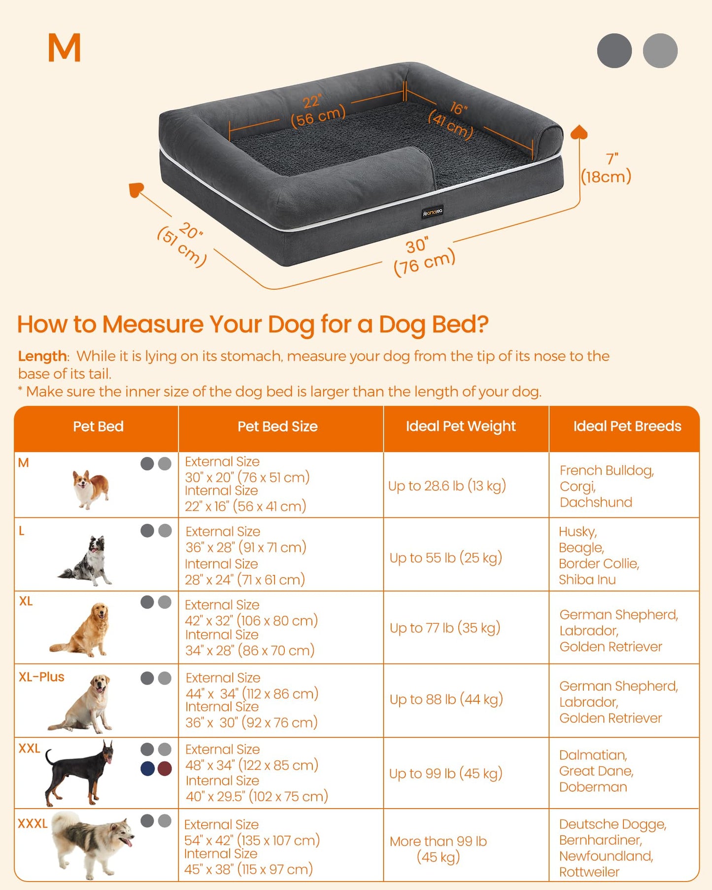 Feandrea Dog Bed, Orthopedic Dog Bed, Medium Dog Bed Waterproof, Removable Washable Cover Dog Sofa with Non-Slip Bottom, Raised Edges, 30 x 20 x 7 Inches, Dark Gray UPGW066G01