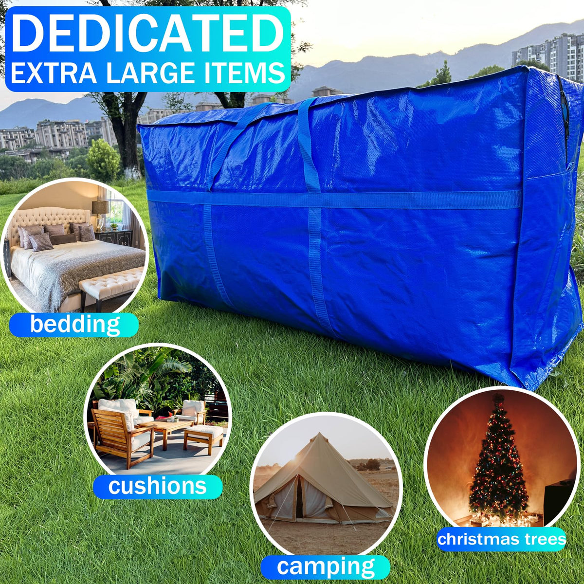 66 Gallon Extra Large Storage Bags, Huge Moving Bags Heavy Duty with Zipper and Stronger Handles, Big Foldable Duffle Bag for Travel, Storage Totes Moving Boxes for College, Christmas Tree,Blue,2 Pack