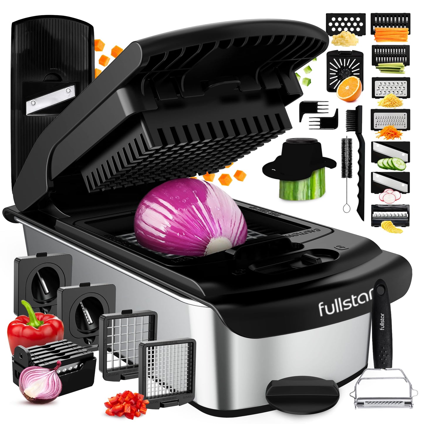 Fullstar Vegetable Chopper & Mandoline Slicer - Julienne Cutter Dicer Grater for Food Veggie Onion Cucumber Tomato Salad Potato Cheese - Kitchen Essentials & Gadgets (PRO 14-in-1, SS Black)