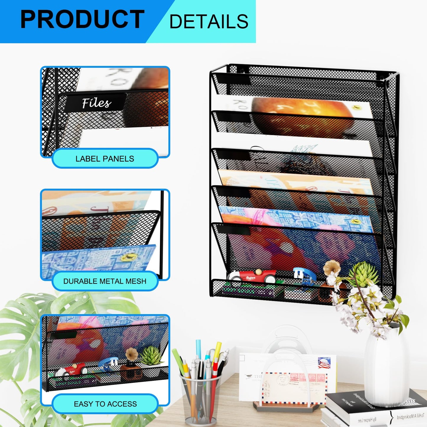GDINDINFAN Wall File Organizer Holder Mesh Hanging Paper Document Holder,Vertical 6 Pocket Tier for Office Home, Black