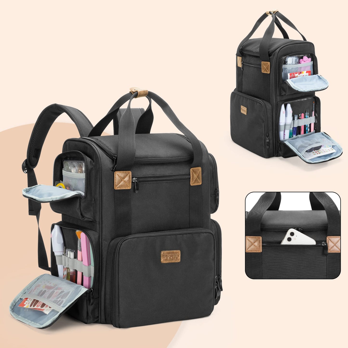 BAFASO Nail Polish Organizer Backpack Holds 70 Bottles and a Nail Lamp, Nail Polish Organizer Case with 2 Removable Pouches and a Laptop Sleeve (Patented Design), Black