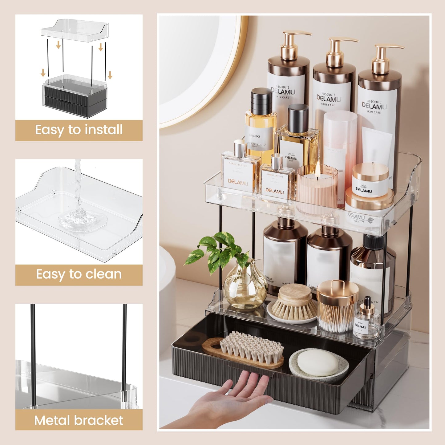 Delamu 2-Tier 2-Drawer Bathroom Counter Organizer, Multi-Purpose Makeup Organizer Countertop, Ideal for Bathroom Storage, Vanity, Large Skincare, Perfume, Present, and More, Black, 2-Drawer