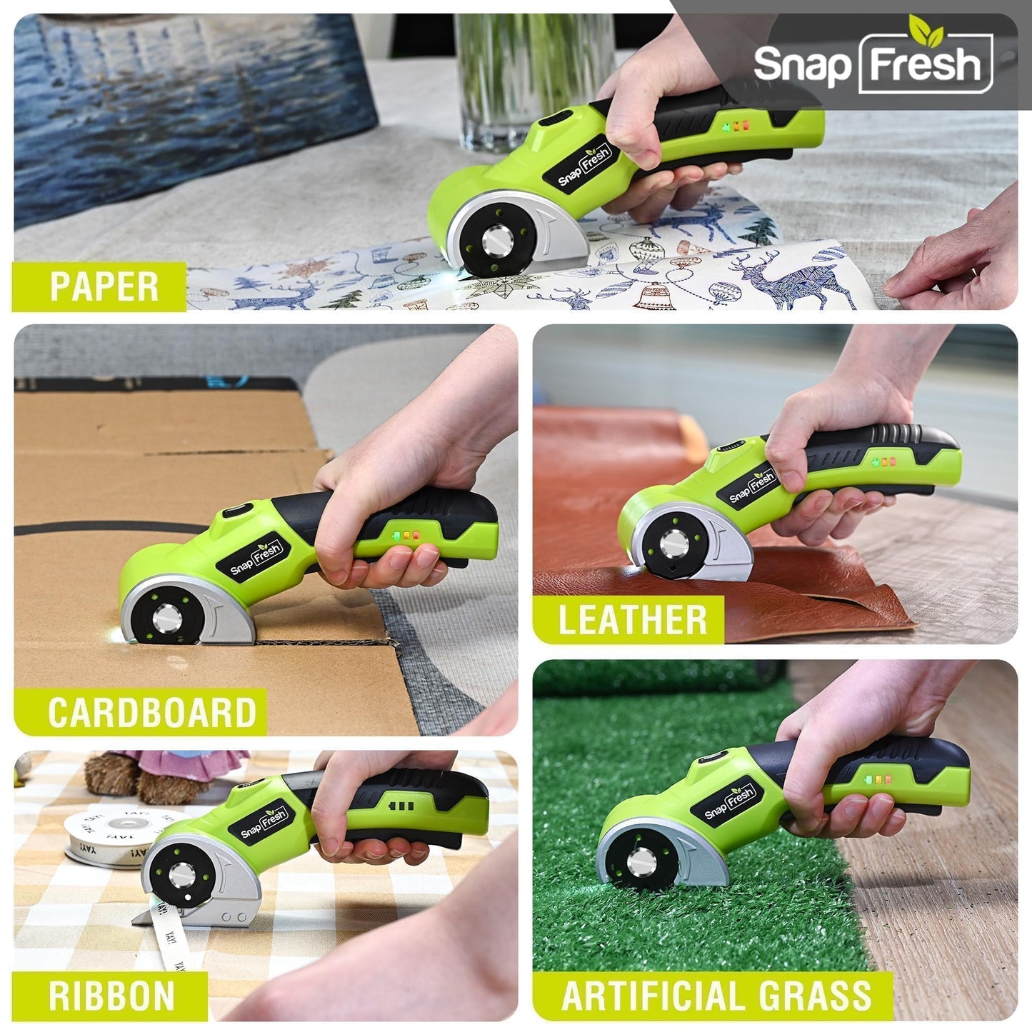 SnapFresh 4V Cordless Electric Scissors-Rechargeable Rotary Box Cutter w/ 2.0Ah Battery, 2 Self-Sharpening Blades, 285RPM,LED & Safety Lock,Carpet Cutter Tool for Cardboard, Fabric, Leather, Plastic