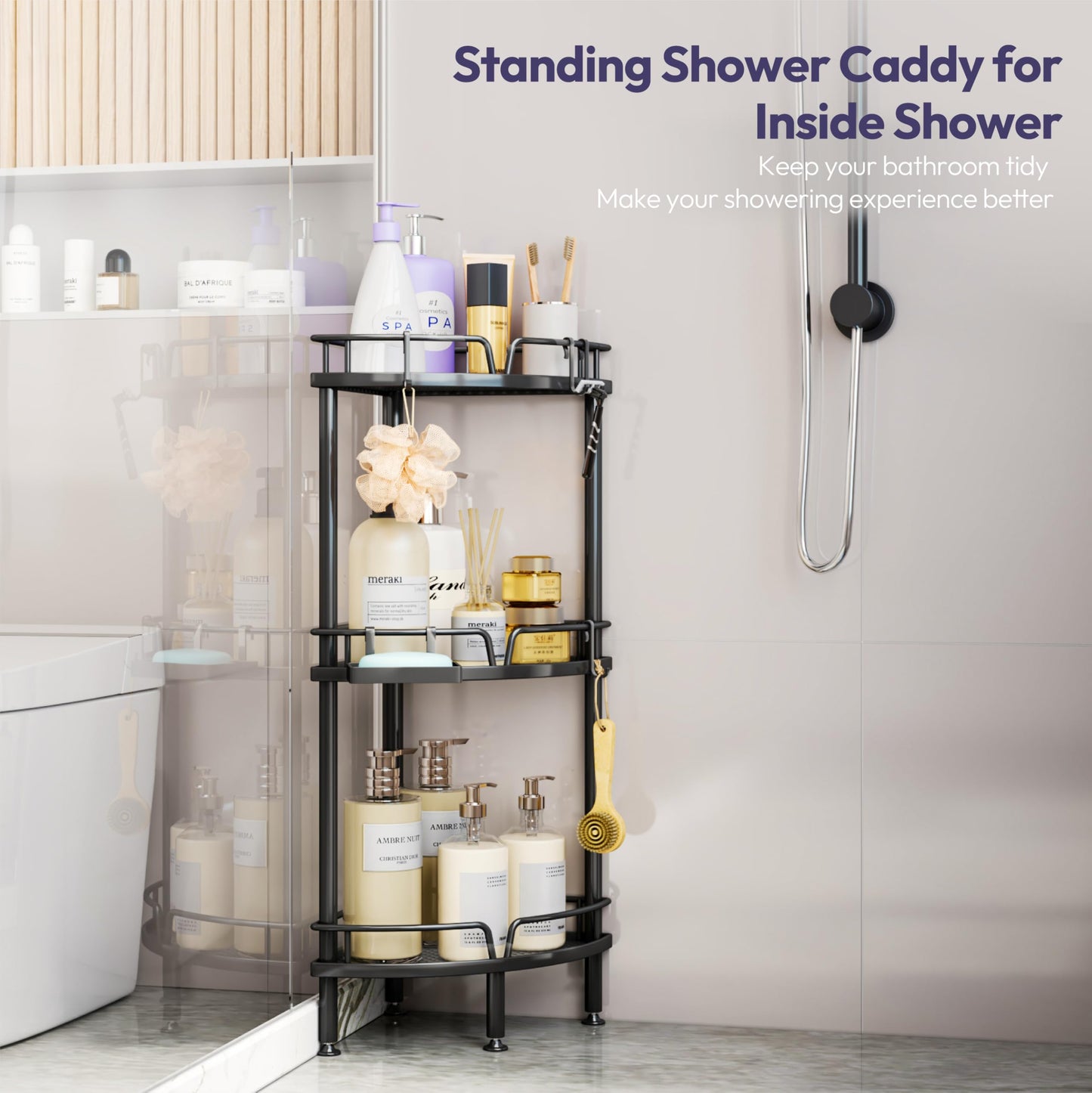 SWTYMIKI Shower Caddy Corner - 3 Tier Rustproof Bathroom Corner Shelf Standing Shower Organizer Rack Corner Shelf with Soap Holder for Inside Bathroom, Bathtub, Showers Pan, Black