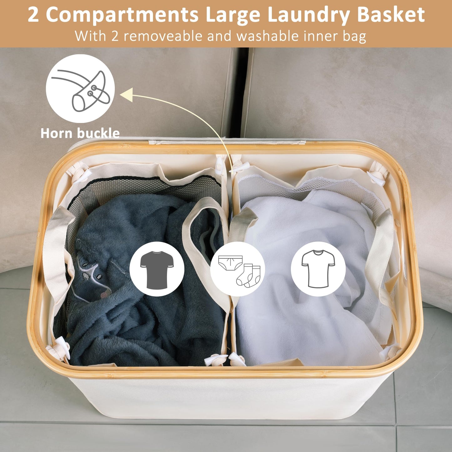 iEGrow 150L Laundry Basket with Lid, Large Laundry Hamper with Bamboo Handle, Collapsible Dirty Clothes Hamper Organizer with Removable Inner Bag for Clothes Toys Towels,Beige