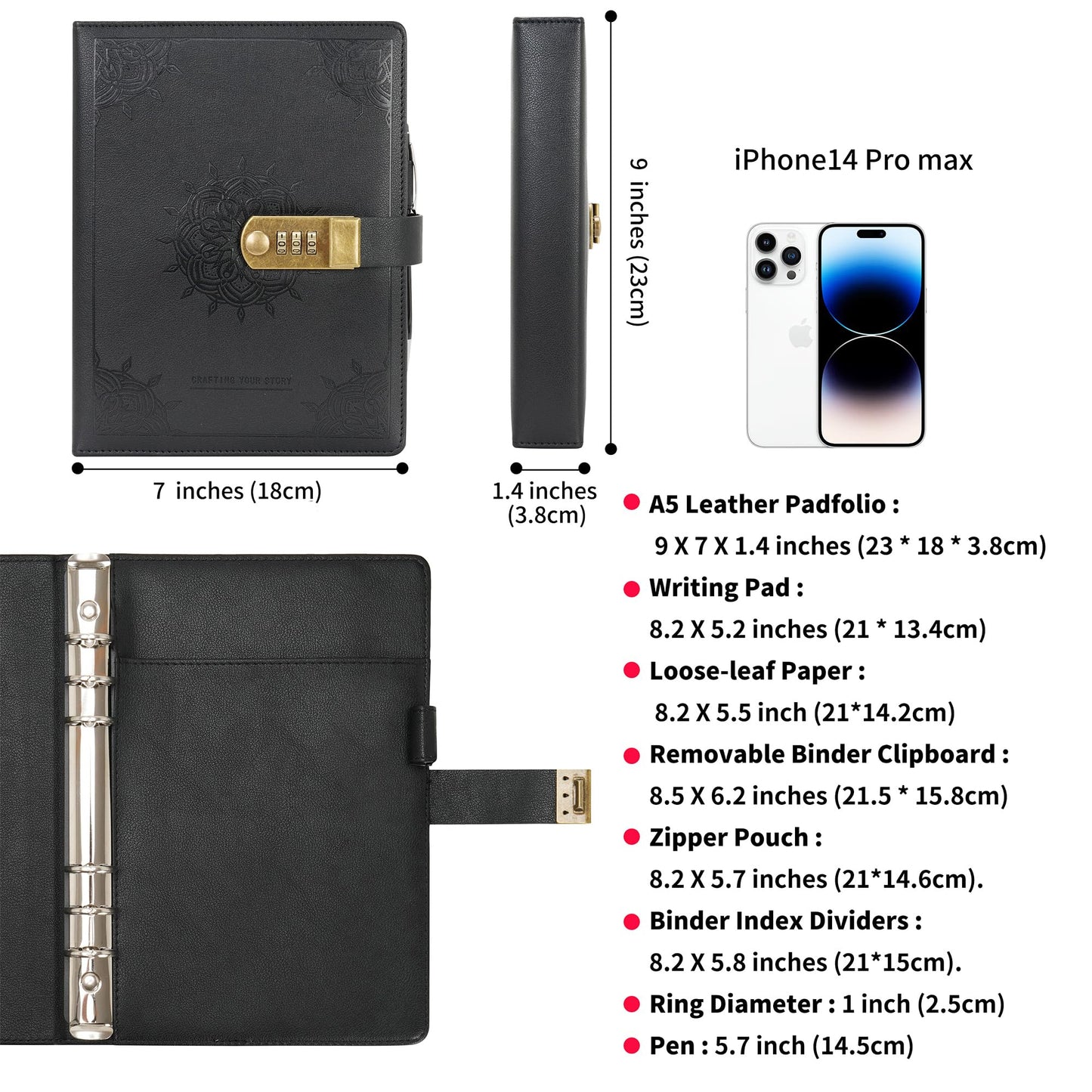 Wason A5 Journal with Lock PU Leather Ring Binder Portfolio, Refillable Writing Diary Notebook Planner and Lined Paper Notepad Pen Clipboard For Organizer Ideal Business School Travel (Black)