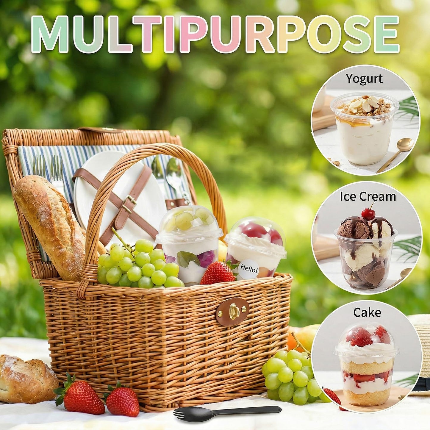 Nicunom 100 Pack 12 oz Clear Dessert Cups with Dome Lids (No Hole) & Sporks, Plastic Parfait Cups, No Leaking Disposable Party Cups with Lids for Ice Cream Fruit Cake Snacks Yogurt Cold Drinks