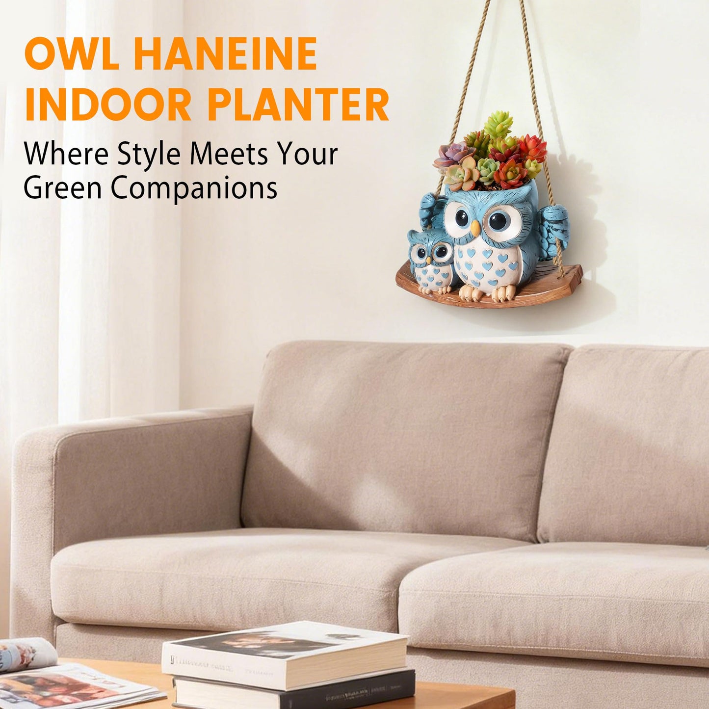 Swing Owl Hanging Planters for Indoor Plants, No-Drill Cute Resin Succulent Pots with Drainage Hole & Plug, Hanging Plant Holder for String of Pearls, Unique Gardening Gifts for Mom & Women
