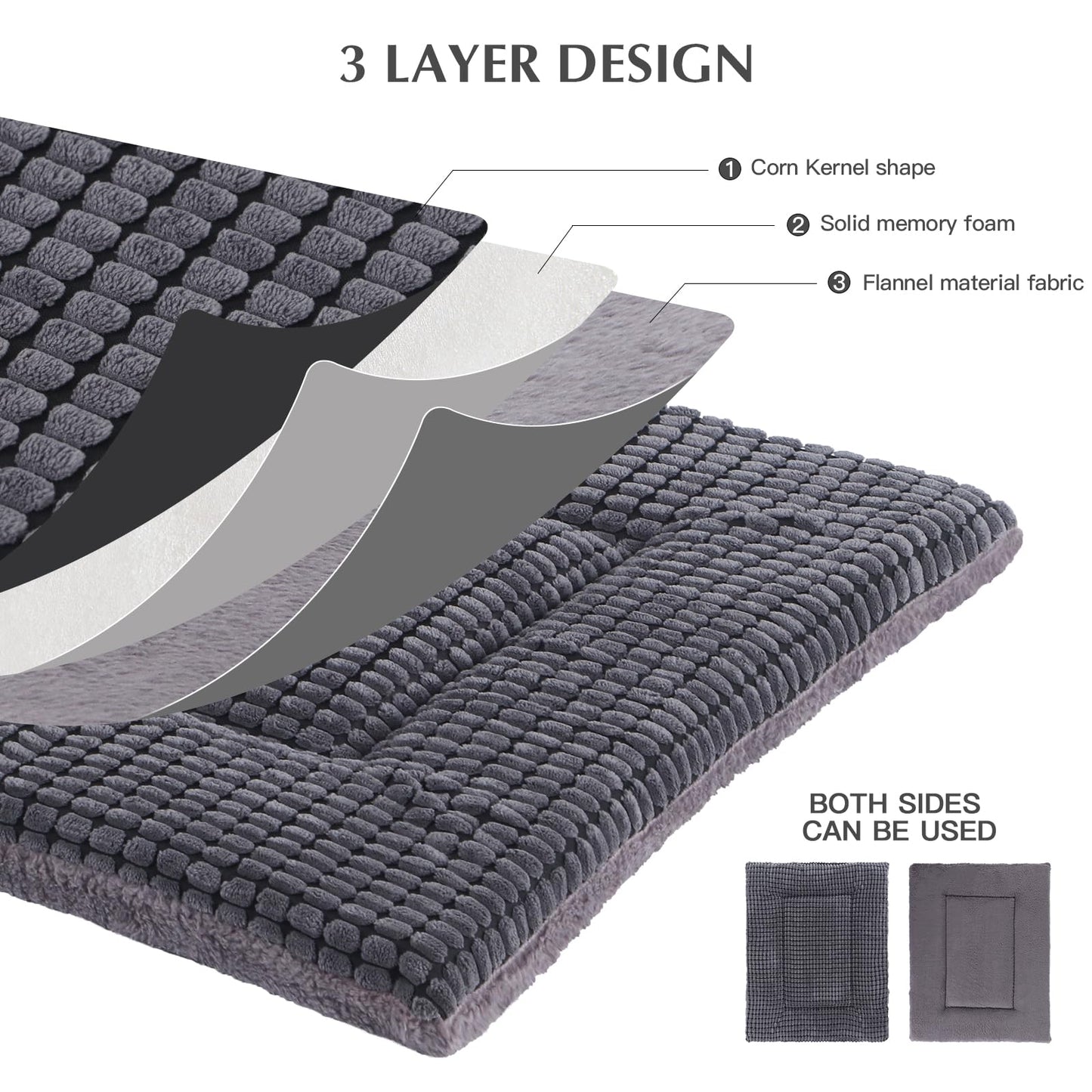 BVAGSS Dog Bed Mat,Reversible Dog Crate Pad, Memory Foam Dog Beds, Soft Warm Pet Cushion for Small Medium Dogs, Washable Pet Sleeping Mattress Kennel Bed Pad XH079 (42''x28''x1.6'',Light Grey)