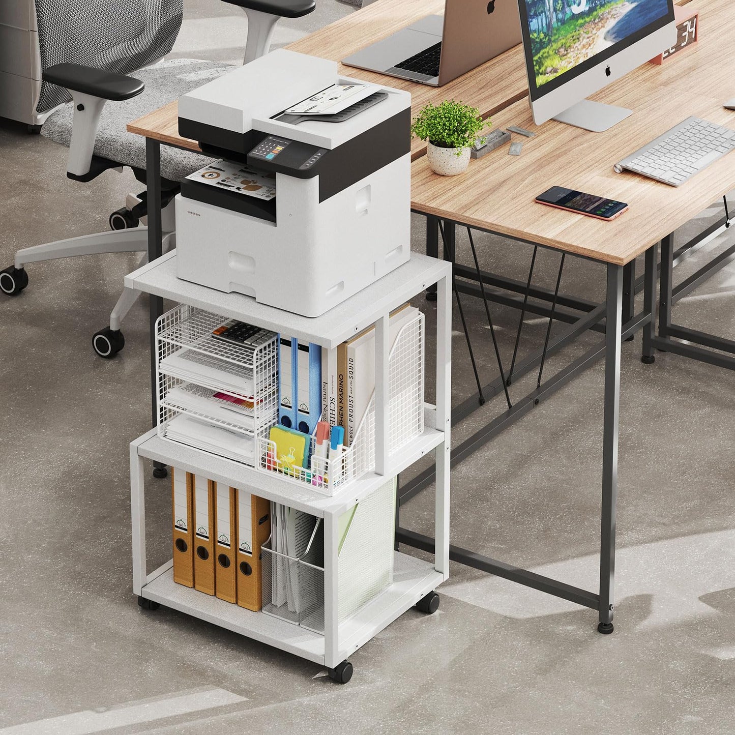 Vermess Printer Stand, Large 3 Tier Printer Table with Wheels, Industrial Printer Storage Cart, Rolling Printer Cart with Storage Shelf for Printer Scanner Fax Home Office Use, White