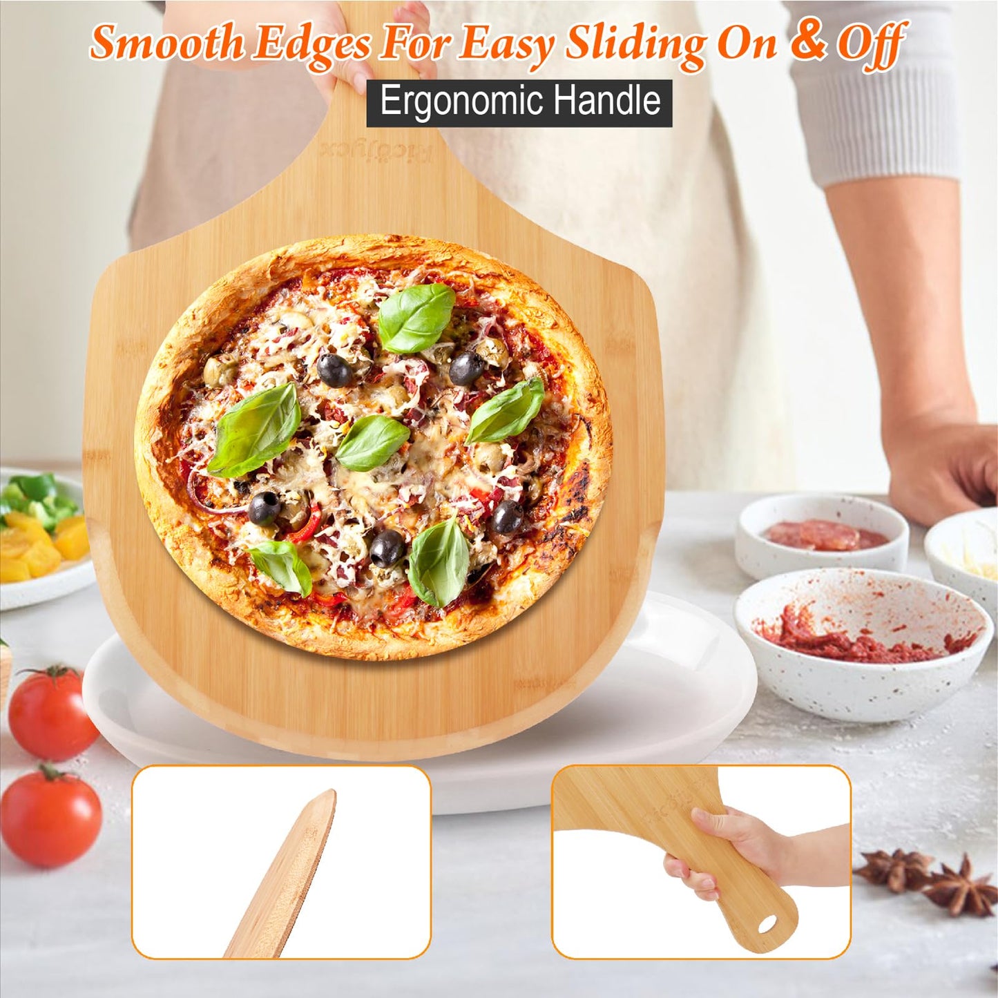 RICOJYCX 2 Pack Natural Bamboo Pizza Peel 16 inch, Wood Pizza Paddle, Cutting Board with Handle for Pizza, Bread, Cheese, Vegetable, Fruits