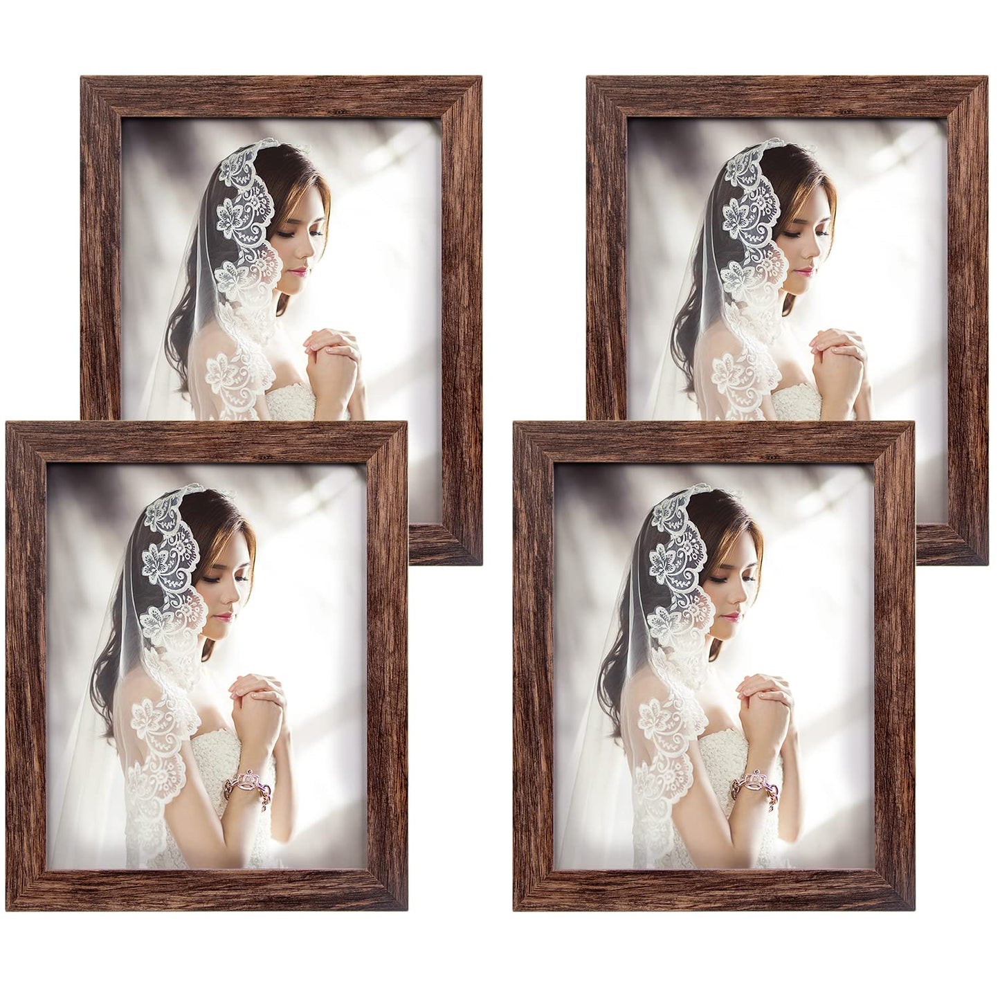 Q.Hou 8x10 Picture Frame Wood Patten Rustic Brown Photo Frames Packs 4 with High Difinition Plexiglass for Tabletop or Wall Decor (QH-CA8X10-BR)