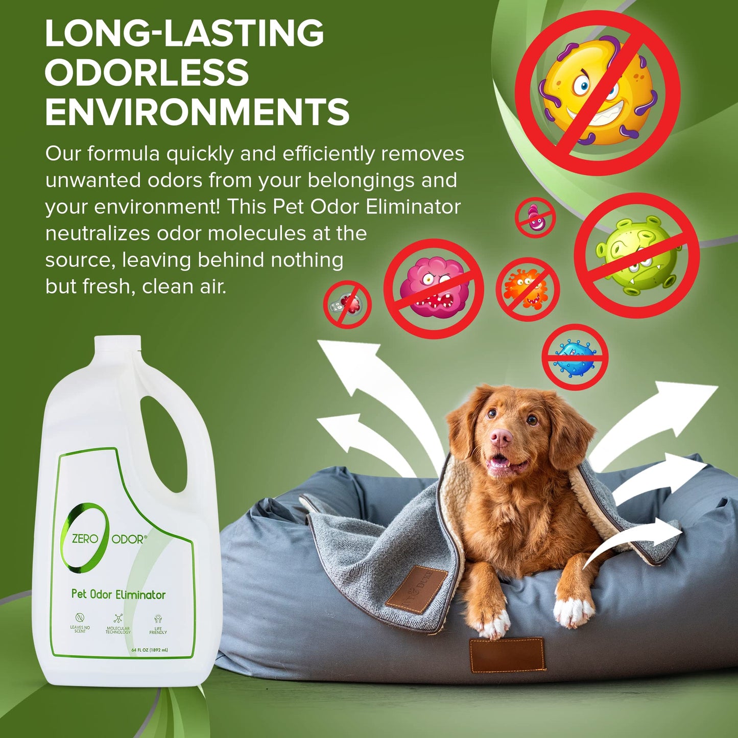Zero Odor - Pet Odor Eliminator - Air & Surface Odors – Patented Molecular Technology Best For Carpet, Furniture, Pet Bed - Smell Great Again, 64oz Refill