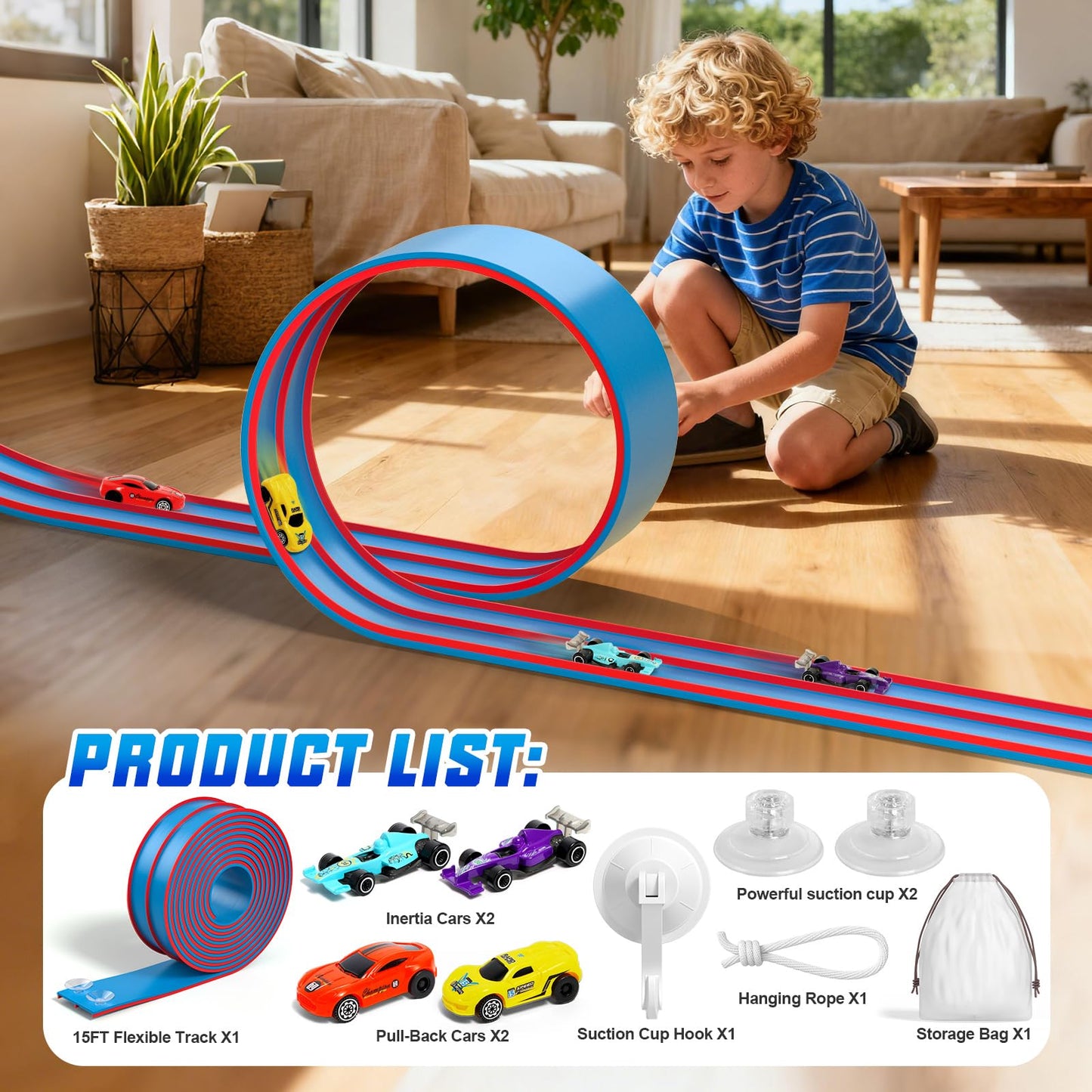 15Ft Flexible Race Car Track Toys for Kids with 4 Car & Suction Cups, Flex Tracks Starter Set Compatible with 1:64 Diecast Cars Portable Rolls Up DIY Racetrack, Gifts for Boys Girls Age 3-5 4-8+