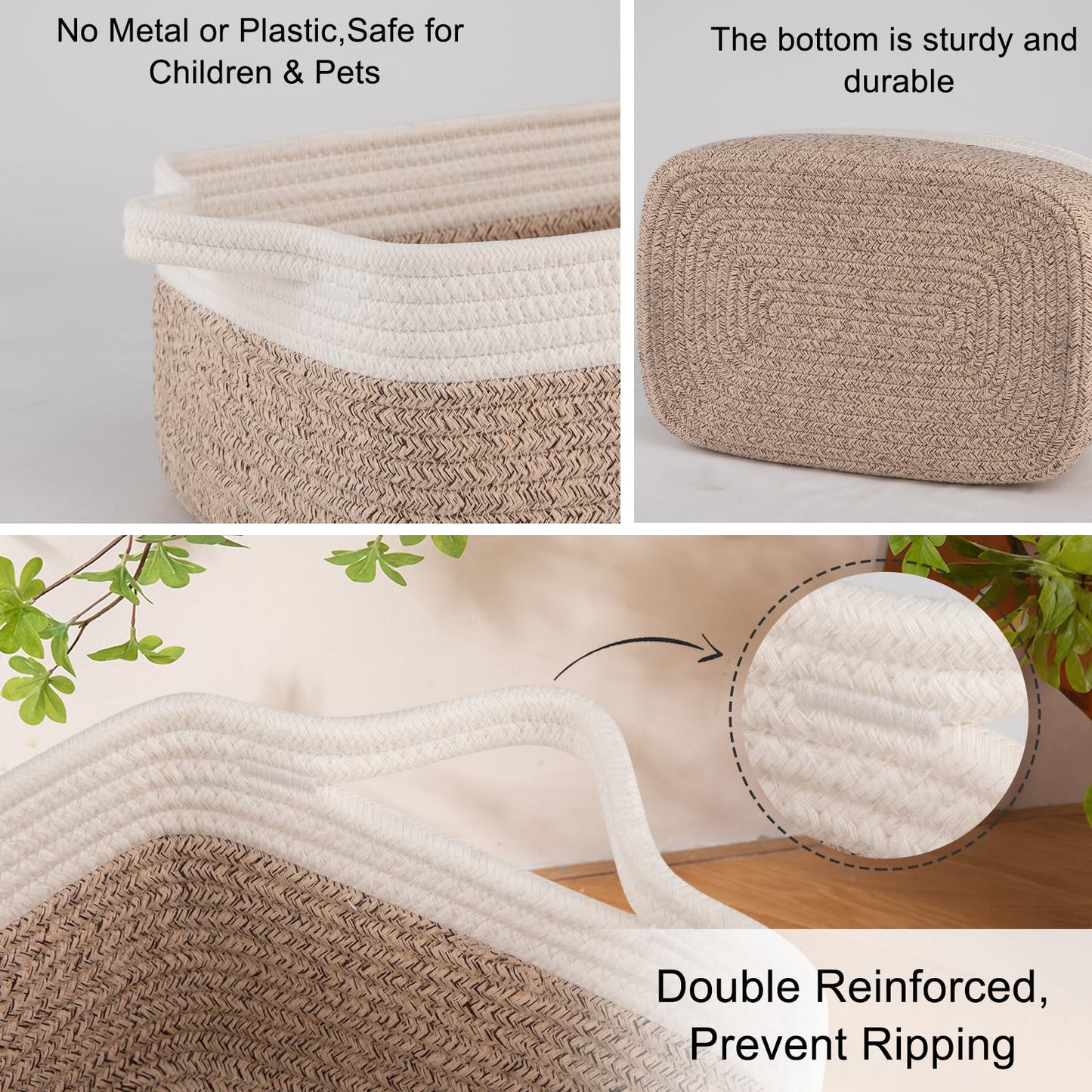 OIAHOMY 3 Pack Storage Baskets for Organizing, Cotton Rope Basket for Shelves, Closet Organizer Bins, Rectangle Small Baskets with Handles, Toy Basket, 13.78''×9.84''×5.5'', Brown & White