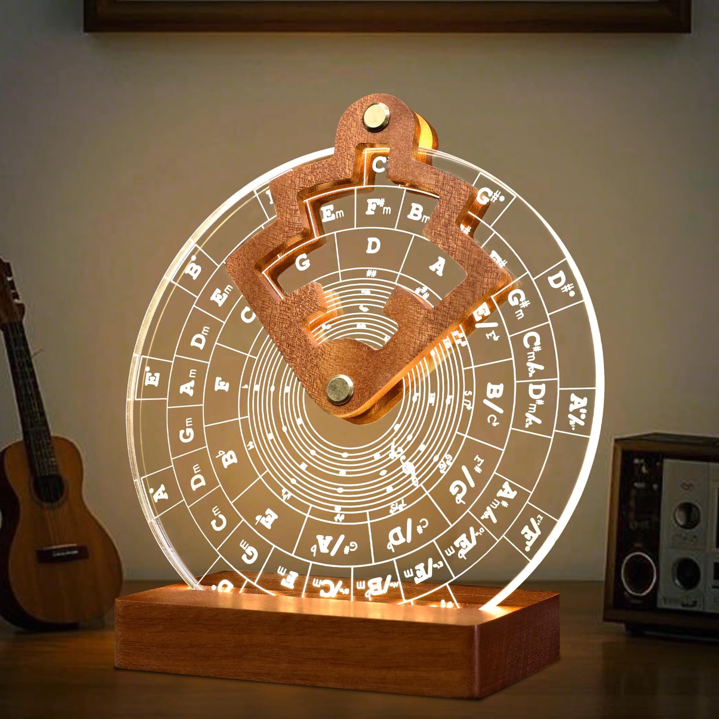CoolGift Mart Light Up Circle of Fifths Wheel, Acrylic Wooden Chord Wheel Melody Tool with Guitar Pick Holder, Gift for Musical Beginners Musicians for Musical Learning and Songwriting