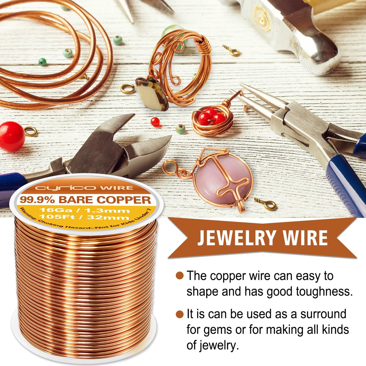 99.9% Pure Copper Wire, 16 Gauge 105 Feet Solid Bare Copper Wire for Jewelry Making Crafts, Electroculture Gardening Antenna, Cyrico Bendable Soft for Plants