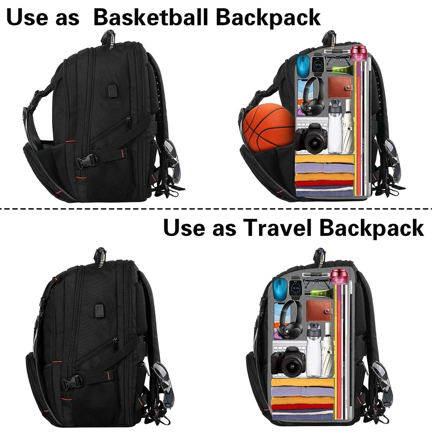 Travel Laptop Backpack, Extra Large Bookbag for Men Women,Basketball Backpack with USB Charging Port RFID Anti Theft TSA Approved,College Student Waterproof Bag Fits 17 Inch Computer Notebook