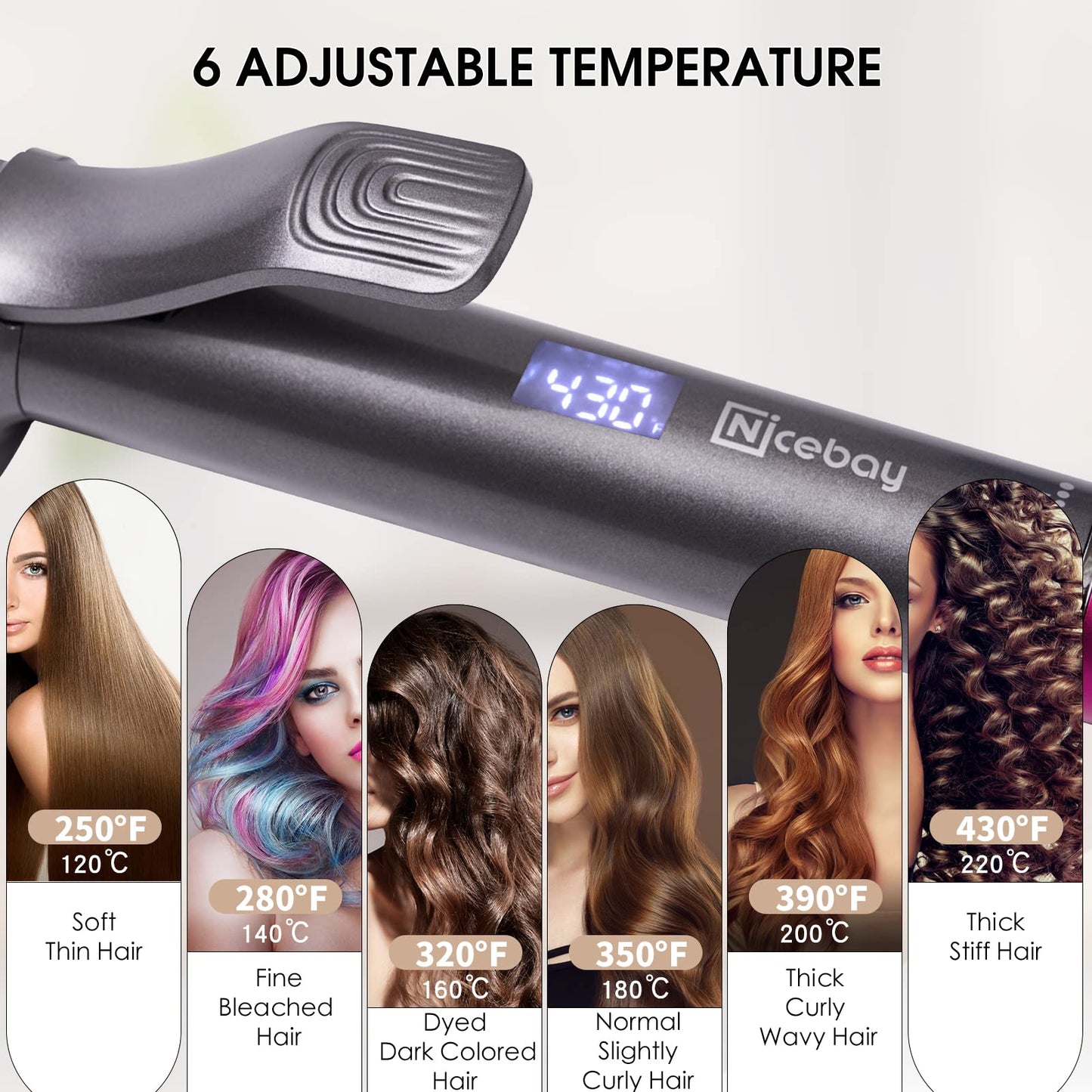 1 1/4 Inch Long Barrel Curling Iron - 1.25 Ceramic Hair Curling Iron,Professional Hair Curler for Long Hair,dual voltage,Rapid 430°F Heating, Temperature LED Display, 6 Temperature Settings