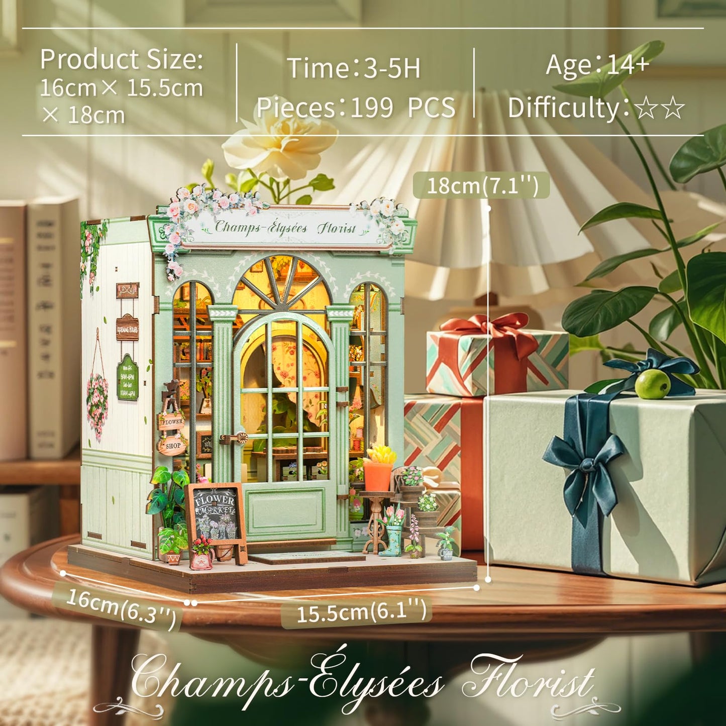 CUTEBEE Book Nook Kit - DIY Miniature House Kit for Adults, Dollhouse Kit Tiny House Bookshelf Decor 3D Wooden Puzzle Model Building Set, Gifts for Family and Friends (Champs-Élysées Florist)