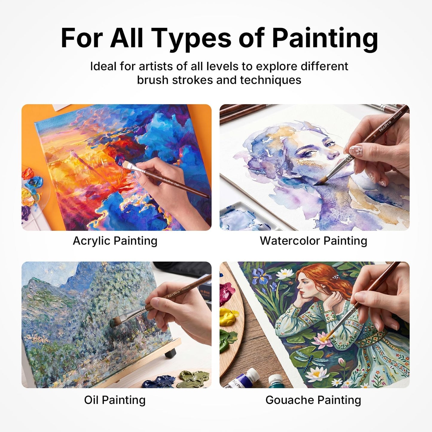 Nicpro 30pcs Paint Brush Set, Professional Paintbrushes with Paint Spatula, Craft Paint Brushes for Acrylic Painting, Oil, Watercolor, Gouache, Art Supplies for Artists and Beginners