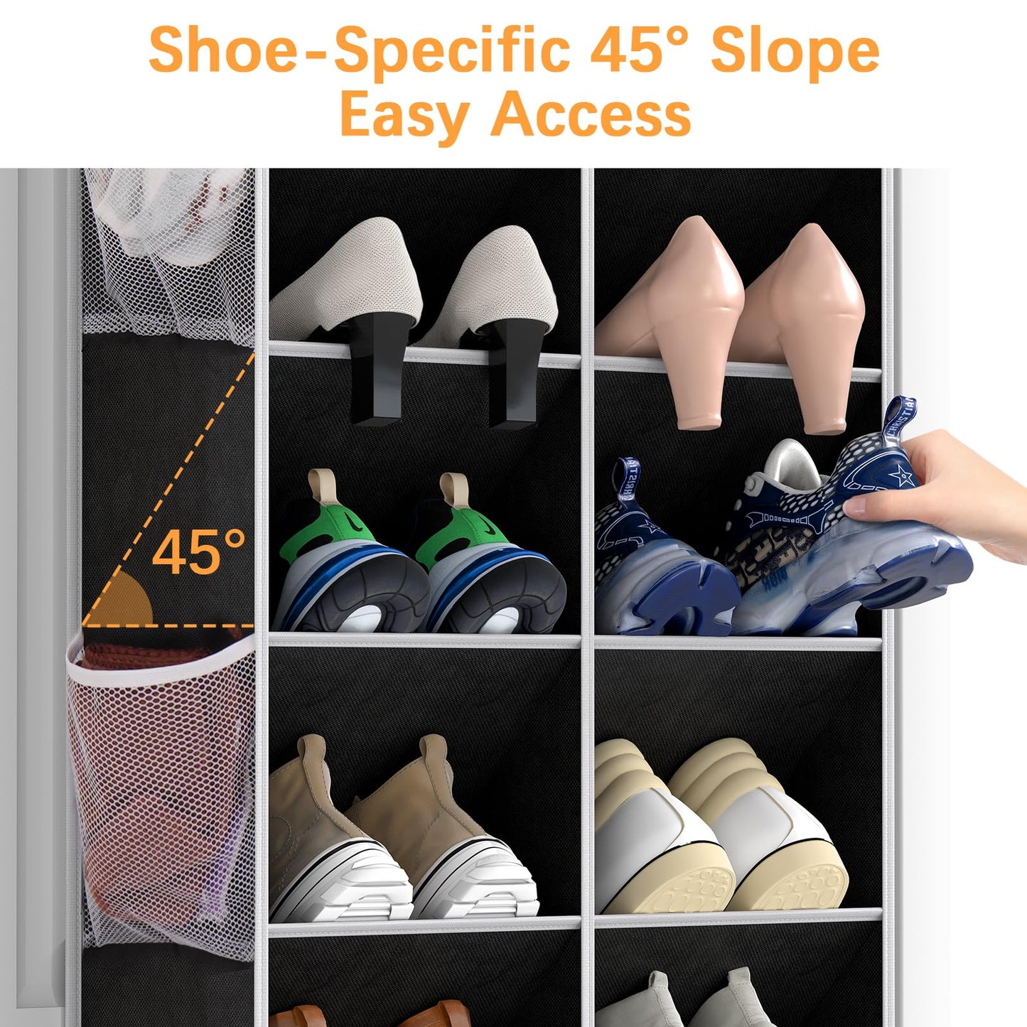 Yecaye 8 Tier Over the Door Shoe Organizer of Deep 16 Compartments, 50lbs Load Shoe Rack for Door in Oxford Holds 16-24 Pairs, Stain-Resistant Hanging Shoe Organizer for Closet, Black
