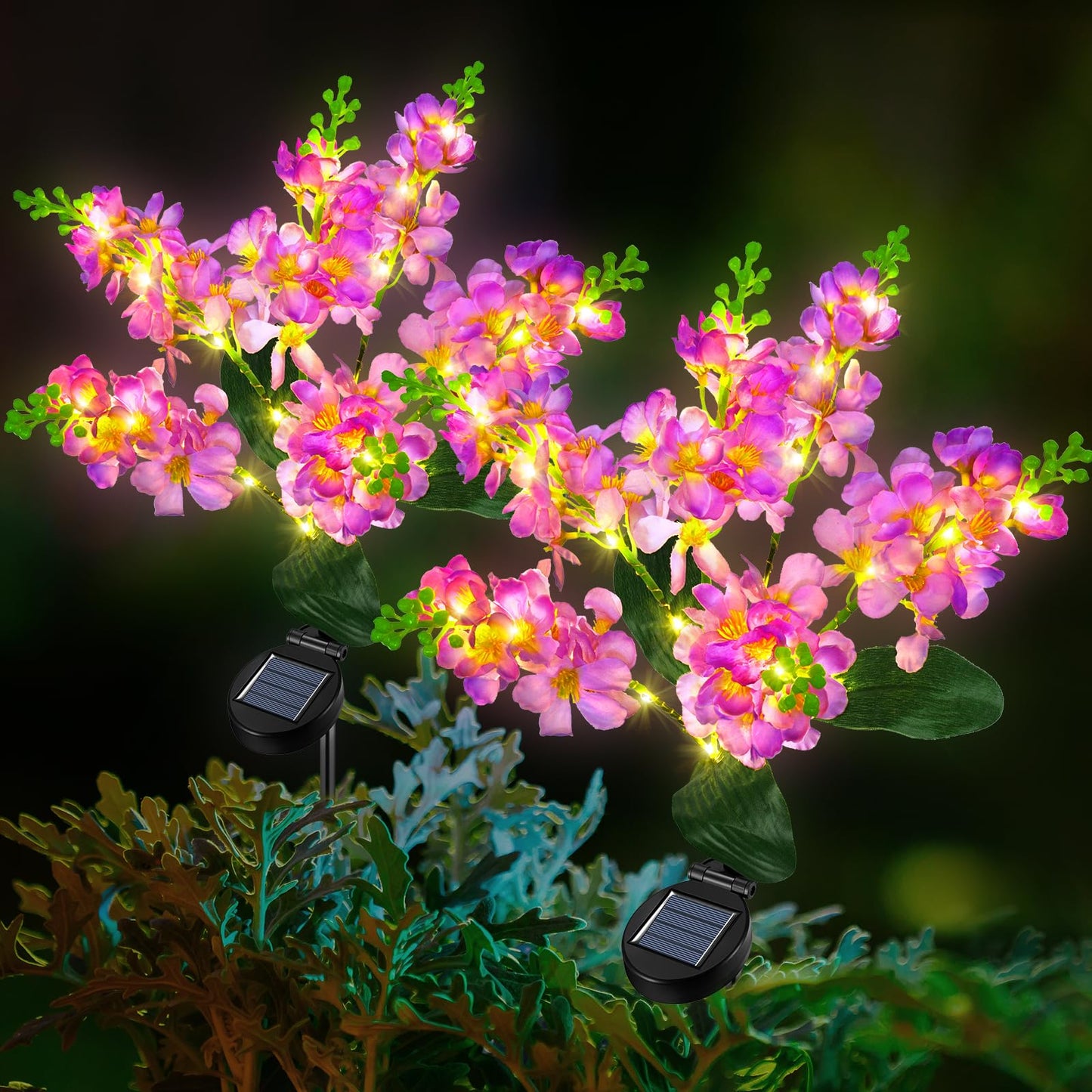 Ninonly Solar Garden Lights, 2 Pack Solar Violet Flowers Lights Outdoor, 600mAh Waterproof Solar Powered Pathway Lights for Patio Yard Landscape Decoration