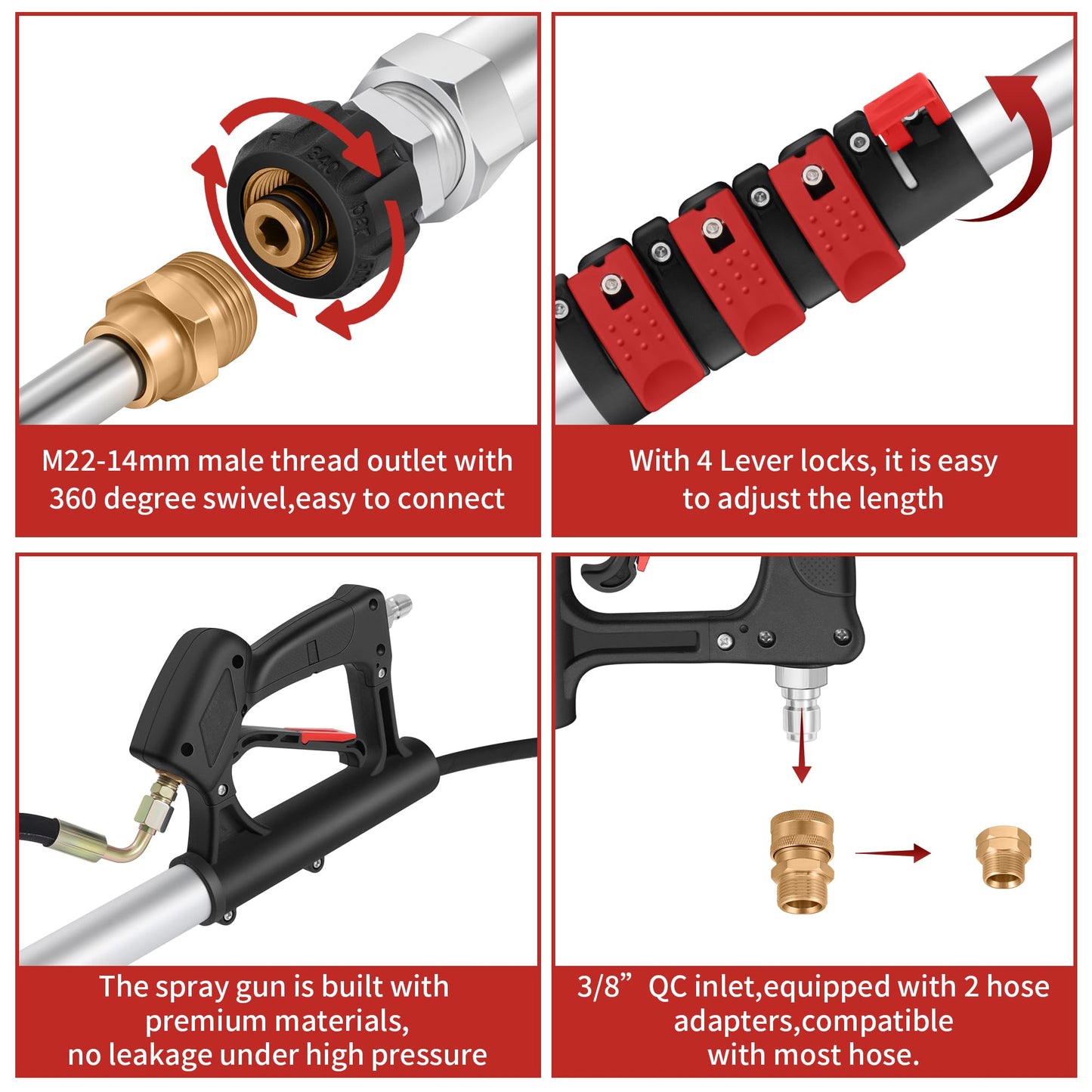 24 FT Telescoping Pressure Washer Wand - High Pressure Washer Wand Included Power Washer Extension Wands, Gutter Cleaner, Brush, Spray Nozzle Tips, Hose Adapters and Support Belt (24FT-HSE)