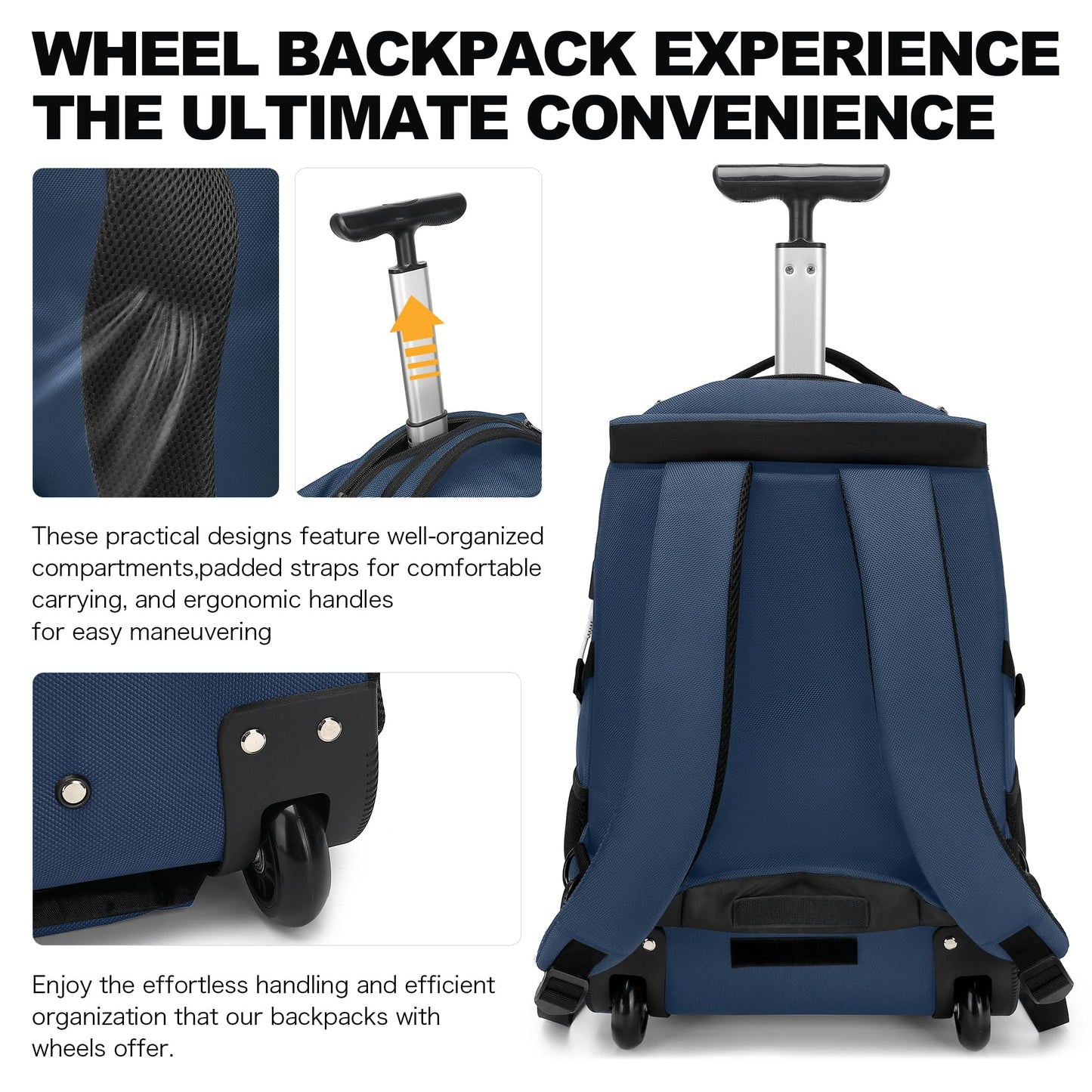 Boavan Rolling Backpack,17 inch Water Resistant Wheeled,Carry on Luggage Business Bag, Overnight College Computer Backpack Trolley Suitcase for Men Women Adults to Travel，Blue