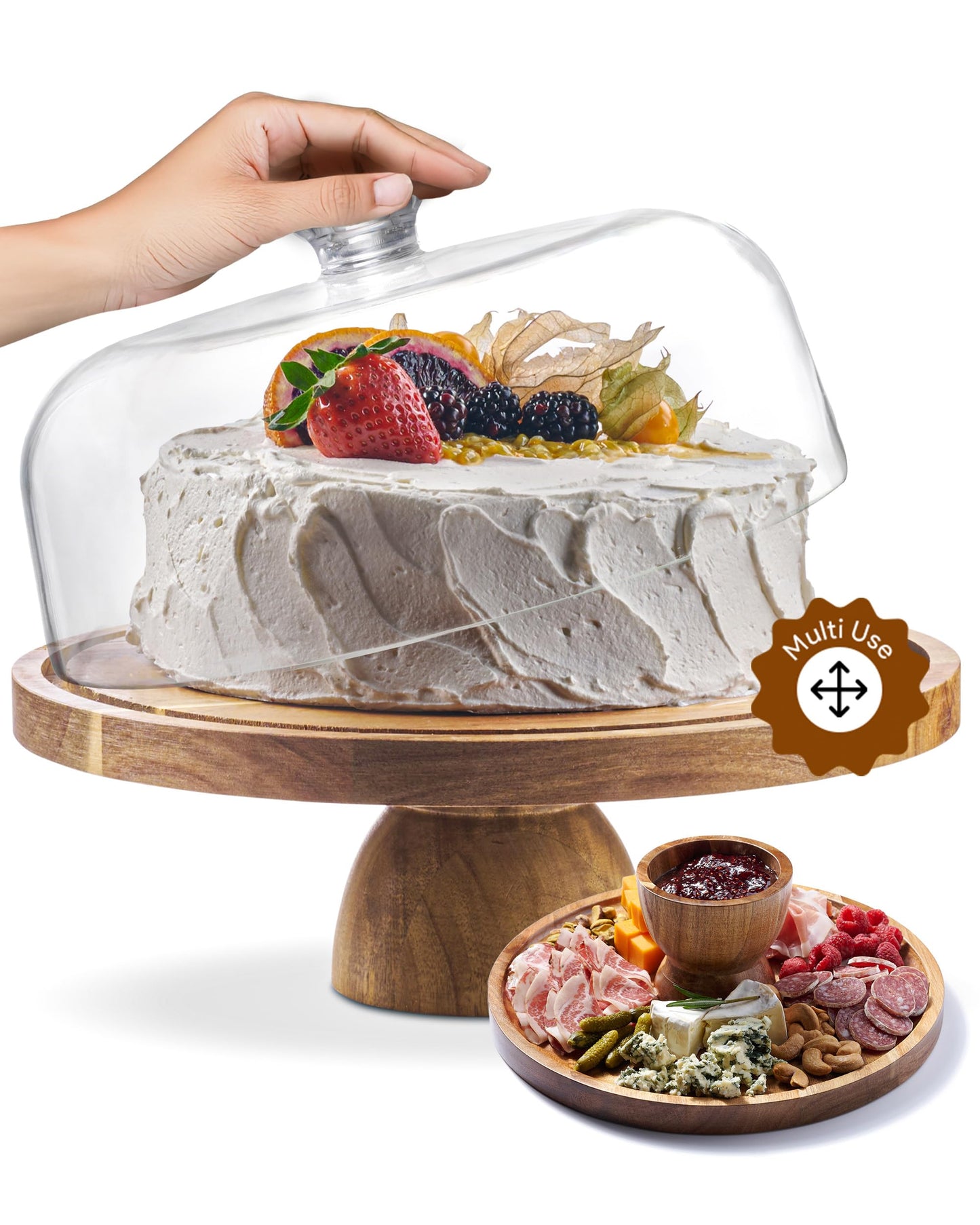 Homesphere Acacia Wood Cake Stand with Lid - Cake Stand with Dome,12in Round Cake Holder, 2-in-1 Dessert Table Display Set & Charcuterie Board for Cheese, Chips & Dips, Fruit Platter, Large Acrylic