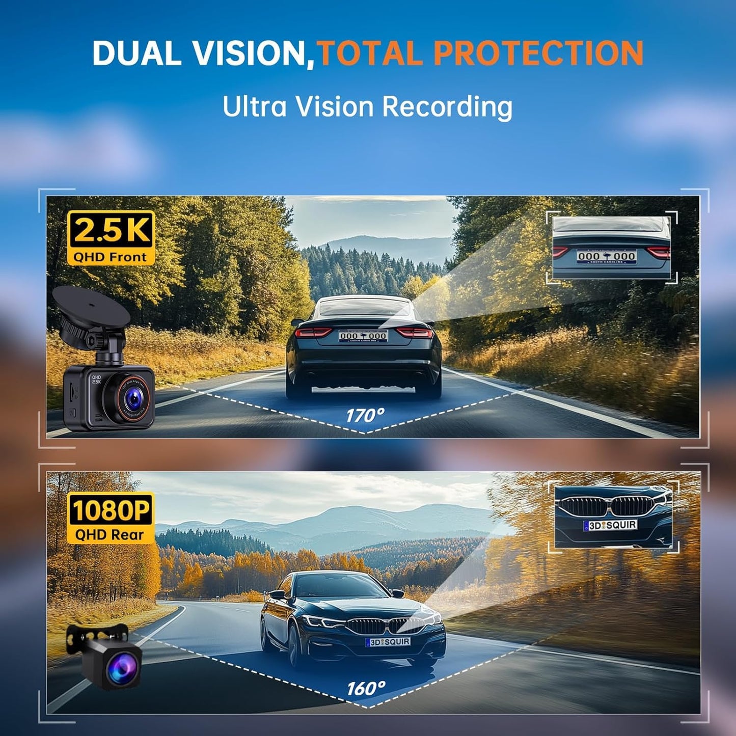 Dash Cam Front and Rear Camera, 2.5K+1080P QHD Dual Channel Dashcam for Cars, Mini Car Camera, 2 inch IPS Screen, 32GB Card Included, WDR Night Vision, 24 Hours Parking Monitor, G-Sensor