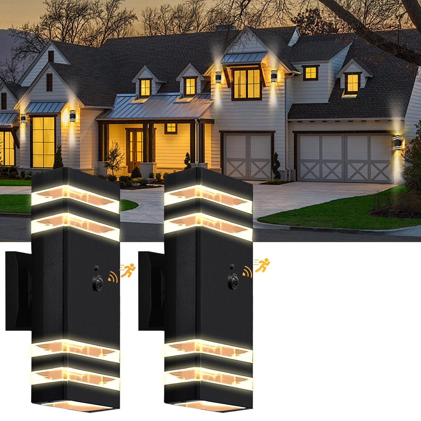 2-Pack Smart Motion Sensor Outdoor Wall Light | Dusk-to-Dawn & 3 Modes | Weatherproof IP65 with Pre-Installed GU10 Bulbs