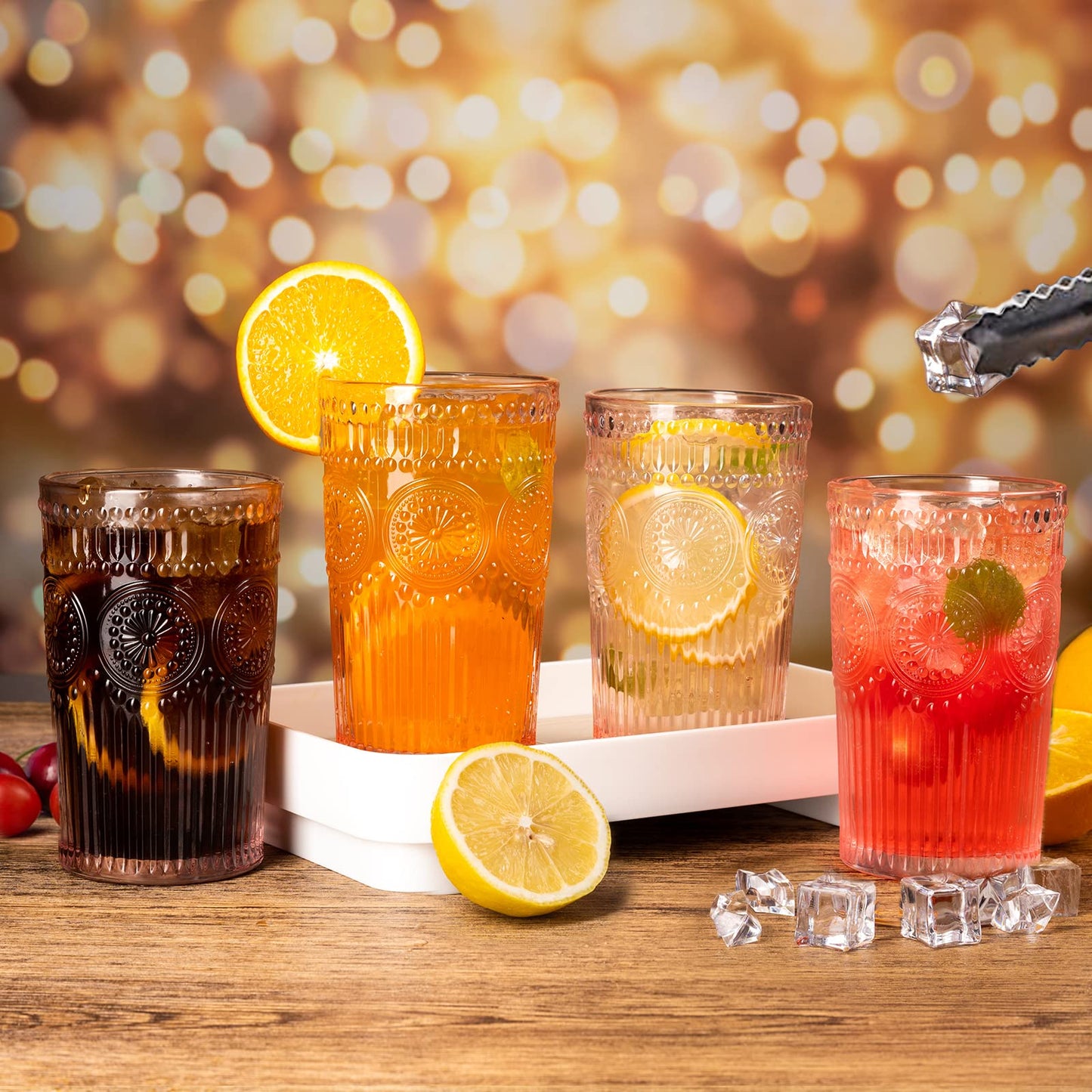 megarte Vintage Drinking Glasses Set - 12 Piece Textured Embossed Glassware 6 Highball Glasses 12 oz & 6 Rocks Glasses 10 oz Romantic Cocktail Cups for Iced Water Juice Tea Beverage Coffee Pink