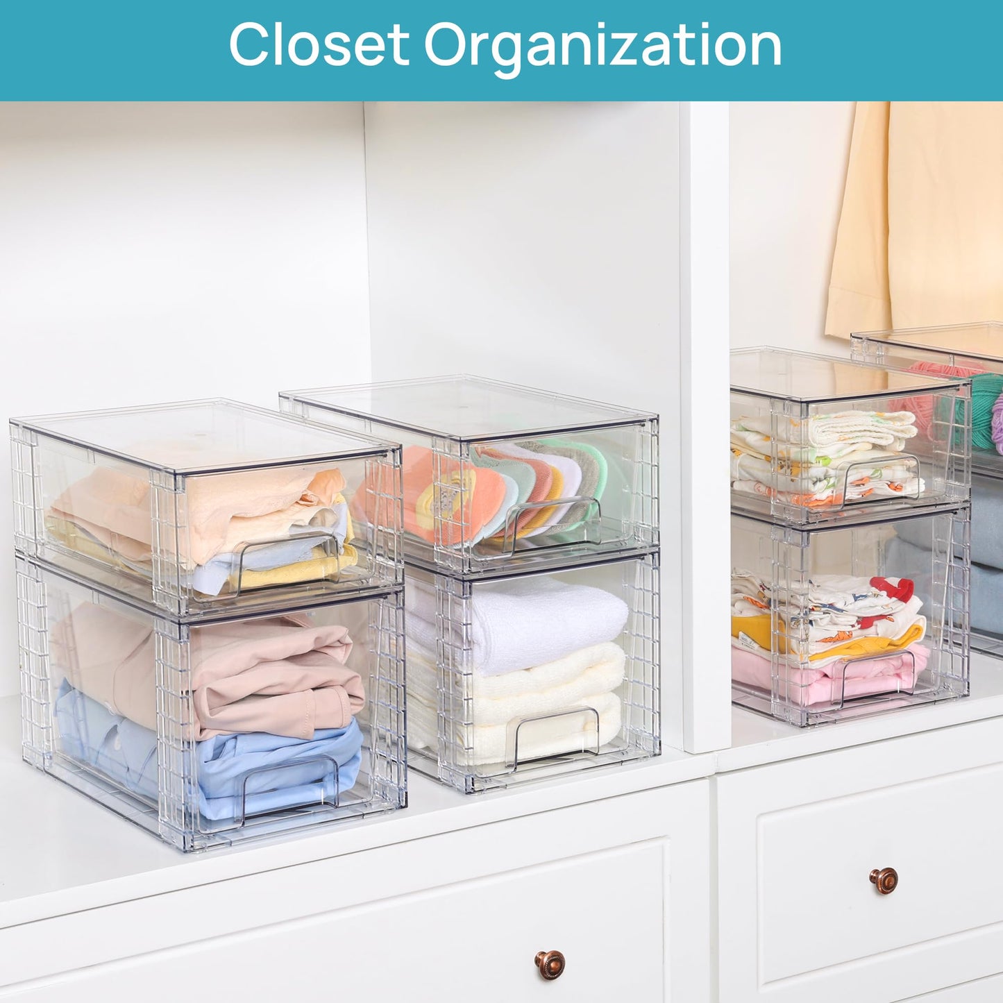 Vtopmart 4 Pack Large Stackable Storage Drawers,Clear Acrylic Drawer Organizers with Handles, Easily Assemble for Bathroom,Kitchen Undersink,Cabinet,Closet,Makeup,Pantry Organization and Storage