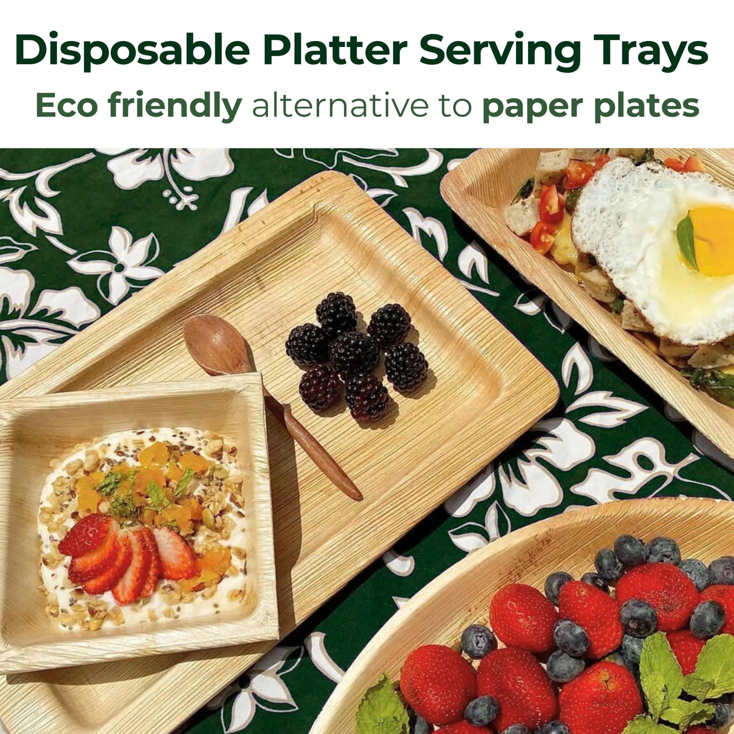 Dtocs Rectangle Disposable Plates 7x11 Inch (50) | Heavy Duty Palm Leaf Plates with Wood Serving Tray Look | Serving Trays, Charcuterie Boards, Appetizers | Alt to Rectangle Paper Plates