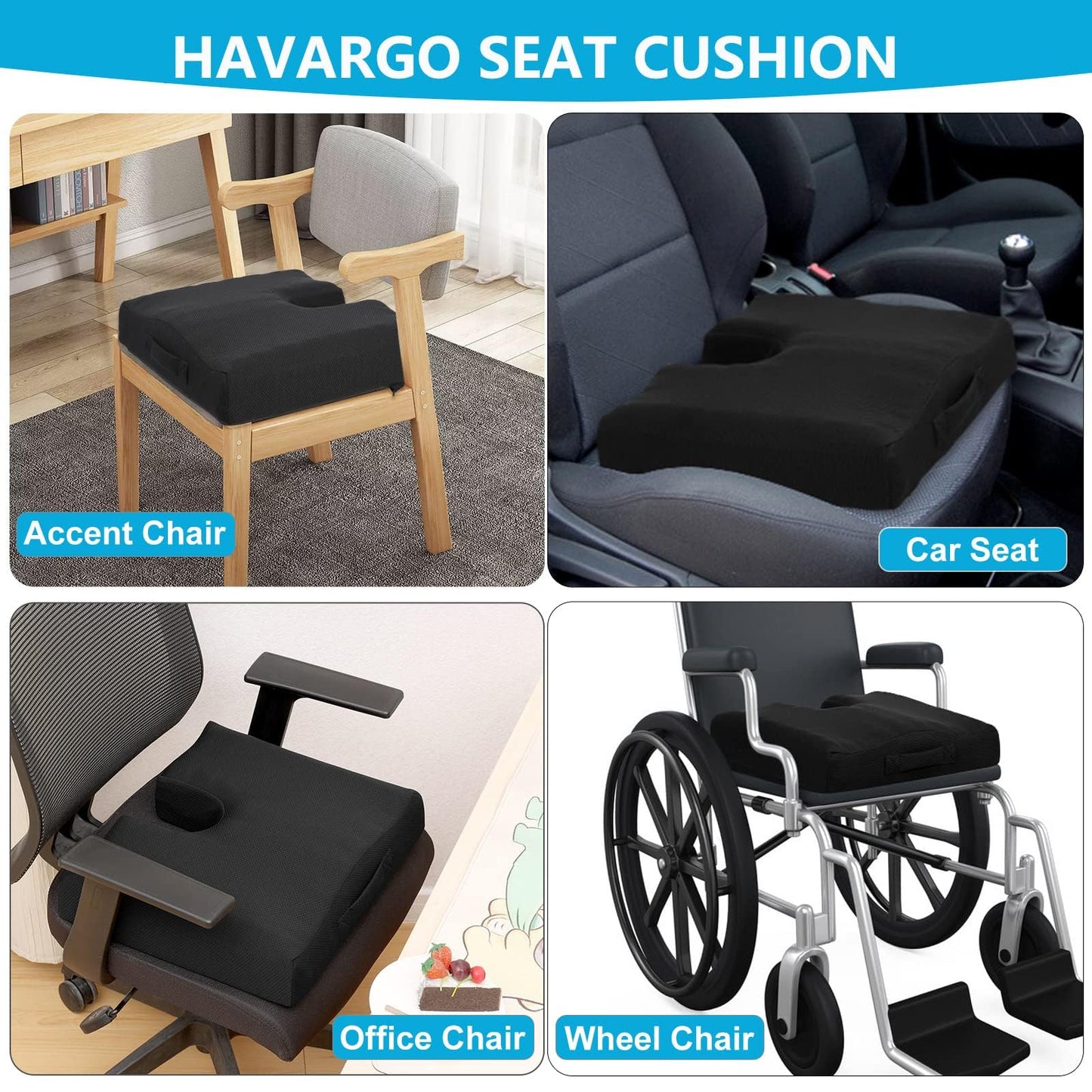 HAVARGO Memory Foam Seat Cushion 4 Inch Thick Chair Cushion Dual-Layer Supportive Pressure Relief Ergonomic Butt Pillow with Handle, U-Shaped