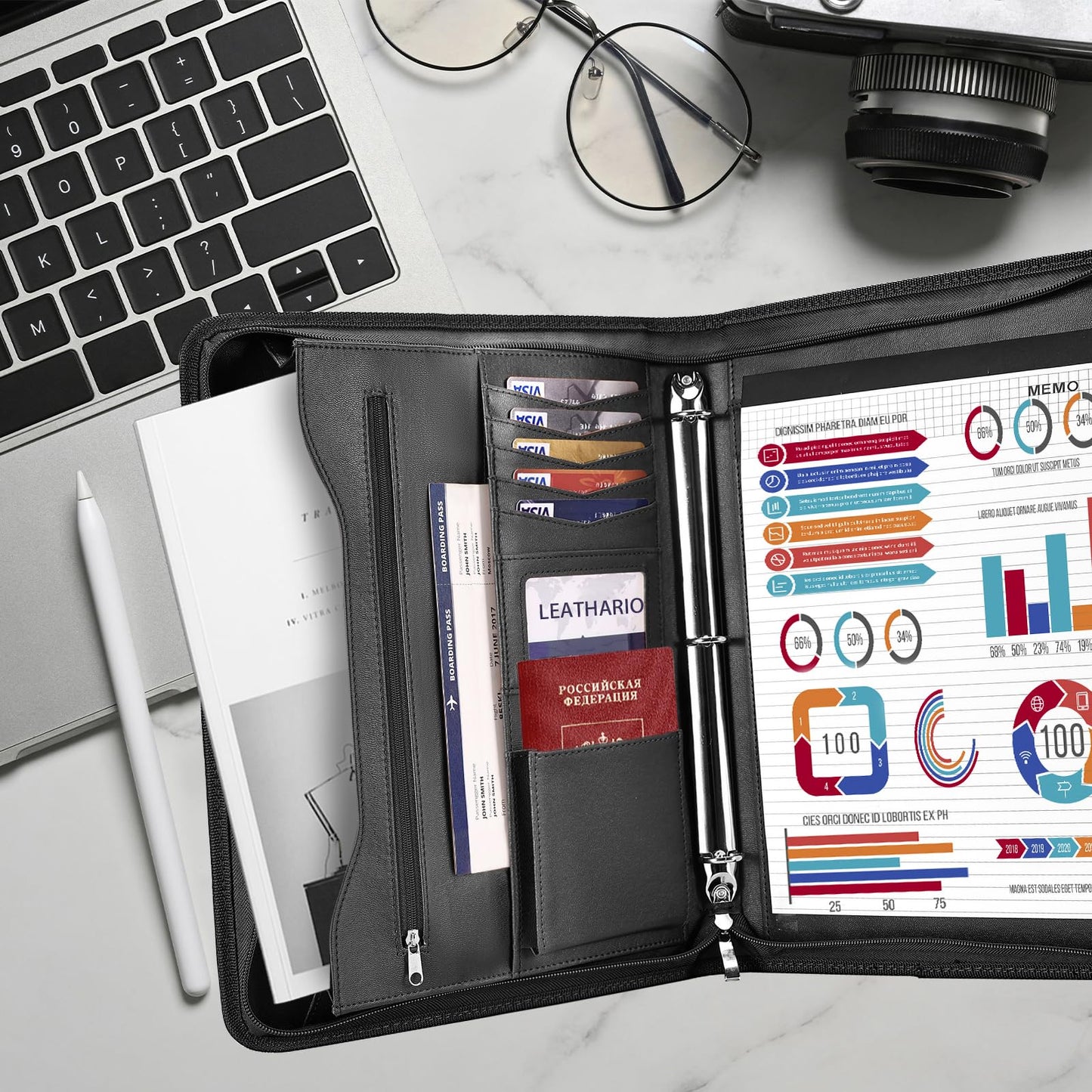 Leathario Portfolio, Vegan Leather 3-Ring Binder with Zipper, A4 Padfolio, Includes 10 Sheet Protectors and 3 Notepads, Multi-Pocket Document Holder for Tablets, Files, Notepads, Office Supplies