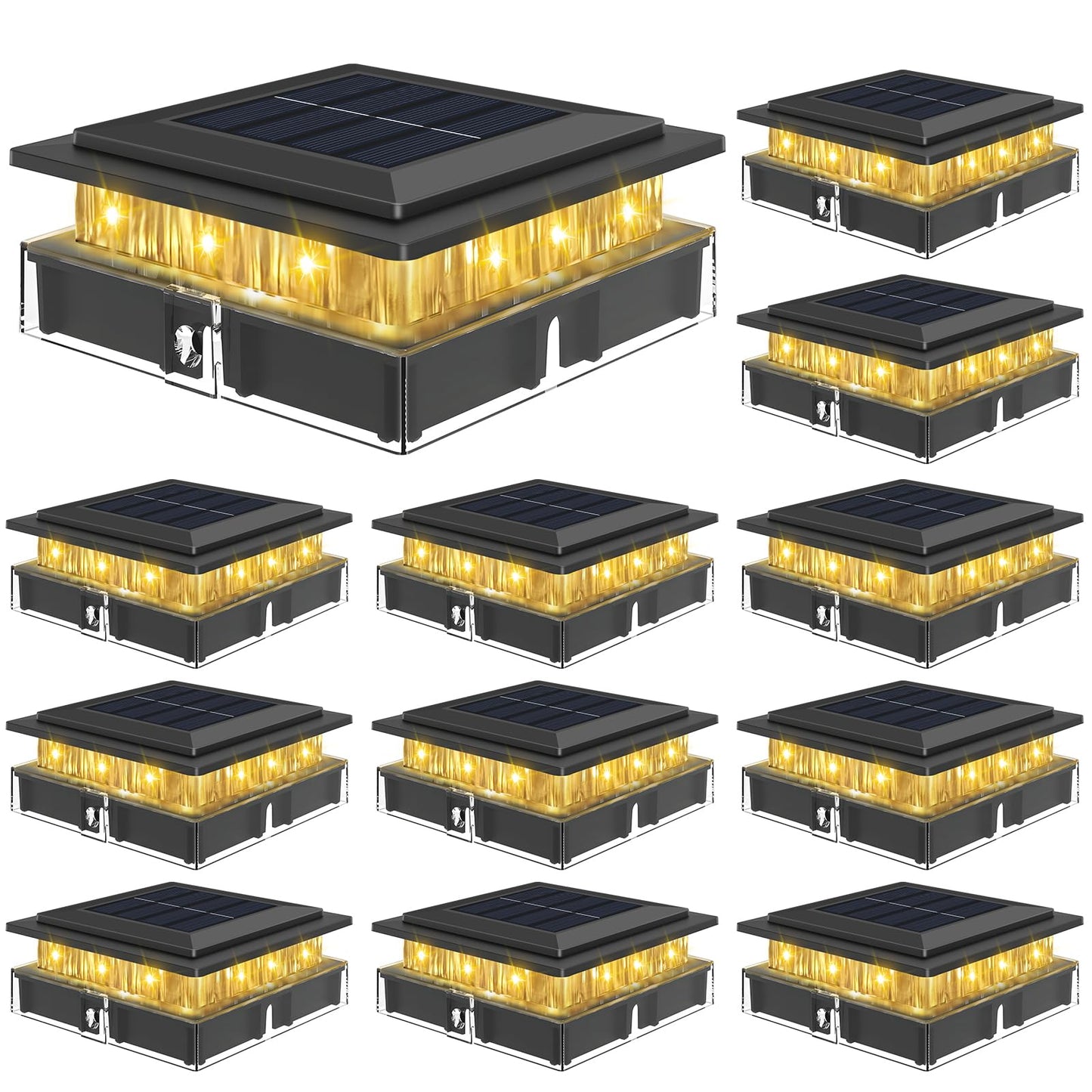 kolpop 4x4 Solar Post Cap Lights,Warm White Bright Outdoor Fence Post Solar Lights,IP65 Waterproof Desk Post Solar Light for Patio Garden Porch Fence Deck Wooden/Vinyl Posts,Black 12 Pack