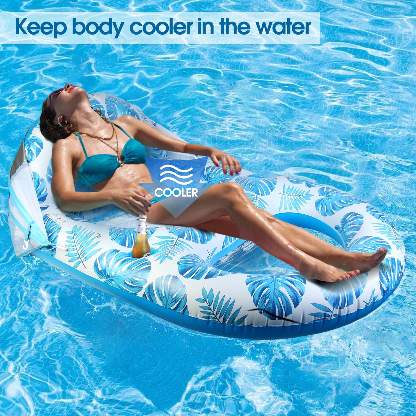 COOLCOOLDEE Pool Lounge Float with Canopy UPF50+,Extra Large Pool Floats for Adults Heavy Duty,Inflatable Lounger Float with Cup Holder & Backrest,Footrest