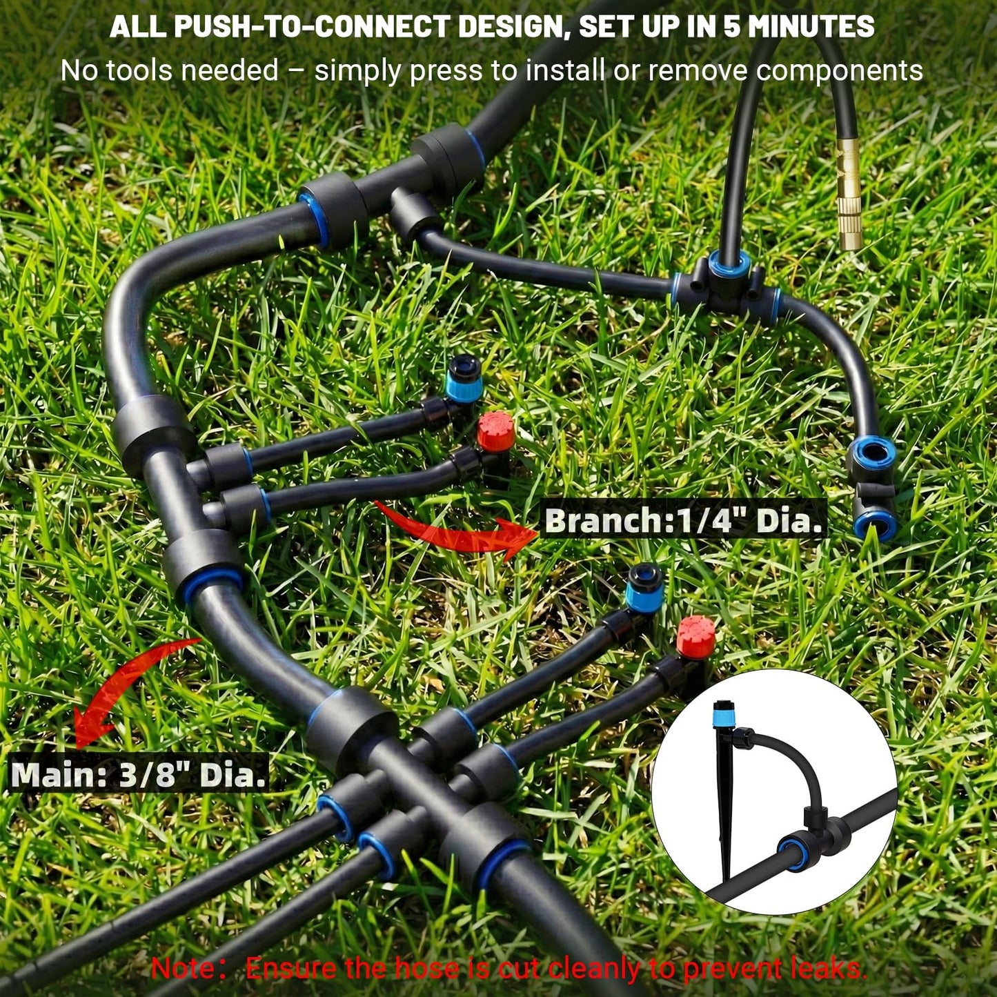 Irrigation System Garden, DIY Automatic Garden Watering Systems with Push-Fit Connectors, Water-Saving Design Sprinkler System, 3 Adjustable Nozzles for Yard, Greenhouse, Lawn & Potted Plants (100FT)