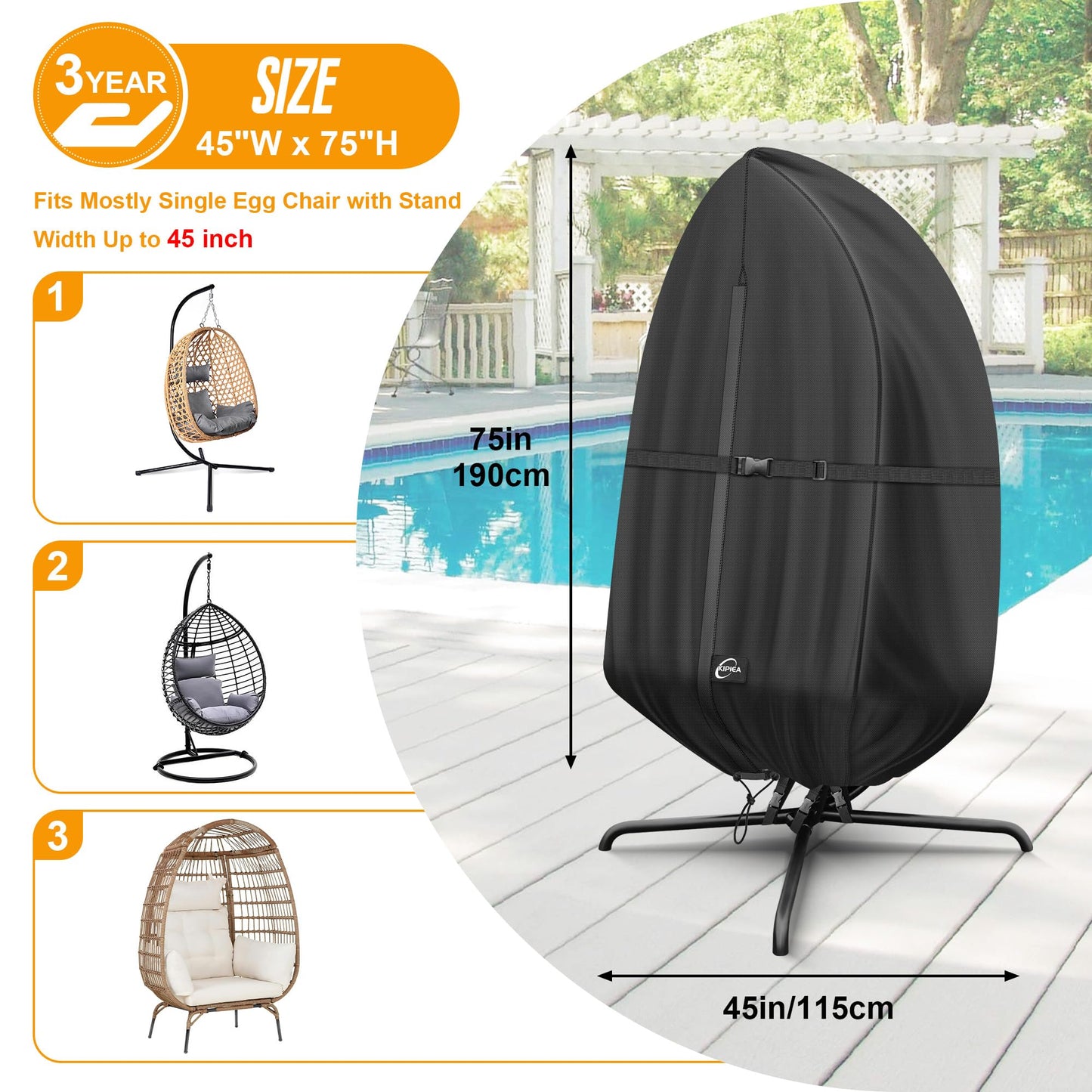 Kipiea Patio Egg Chair Covers Waterproof, Upgraded Outdoor Hanging Egg Chair Covers with Waterproof Zipper, 420D Single Seat Swing Chair Cover, Windproof, Anti-UV, No Tears ( Up to 45" W x 75"H )