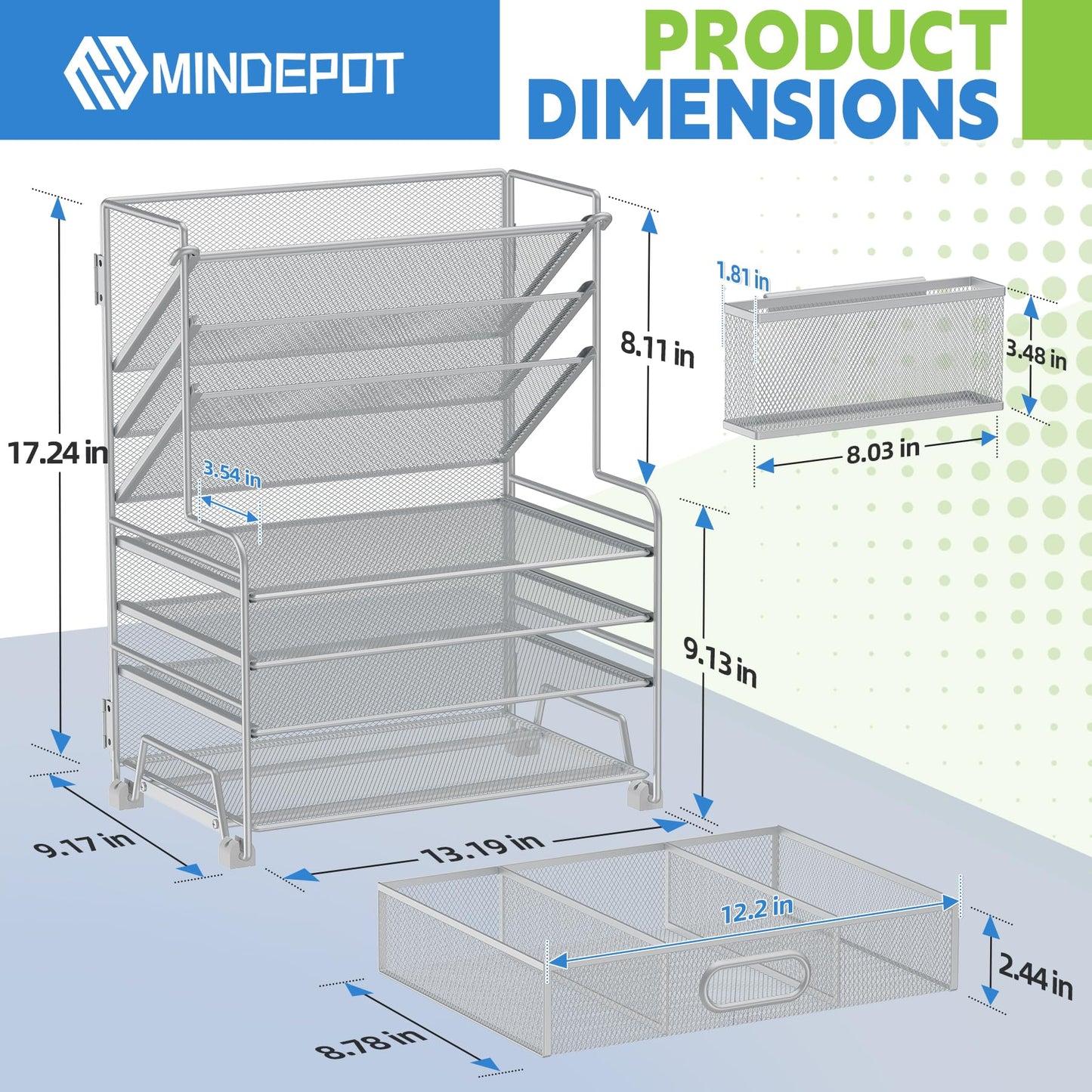 MINDEPOT 4-Tier Paper Organizer + 3-Pocket File Holder + Drawer + Pen Holders, Desktop File Organizers Paper Tray for Office Supplies School Classroom Organization (Silver, with Drawer & Pen Holder)
