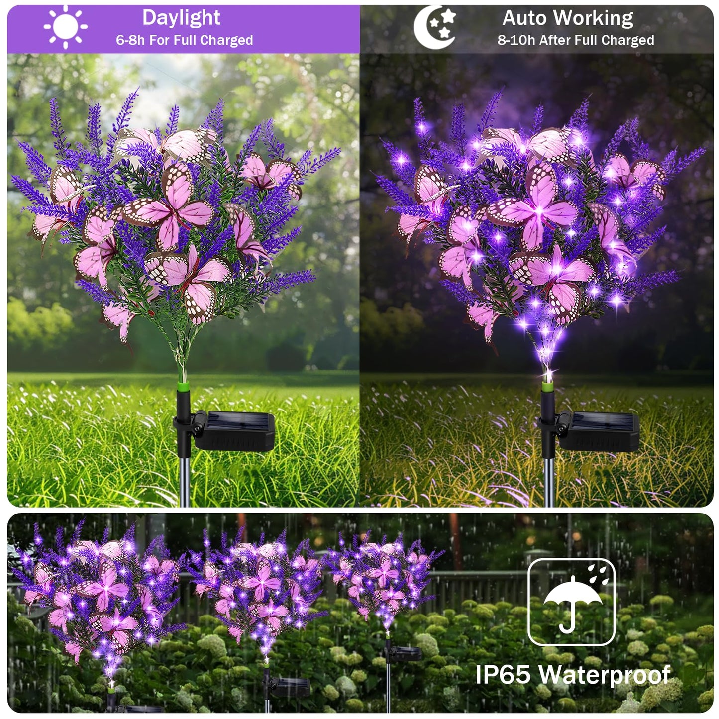 Solar Garden Lights Outdoor, 2 Pack Solar Butterfly Lights Purple Lavender Gardening Gifts for Women, Artificial Flower with Butterfly Purple Garden Decor for Lawn Patio