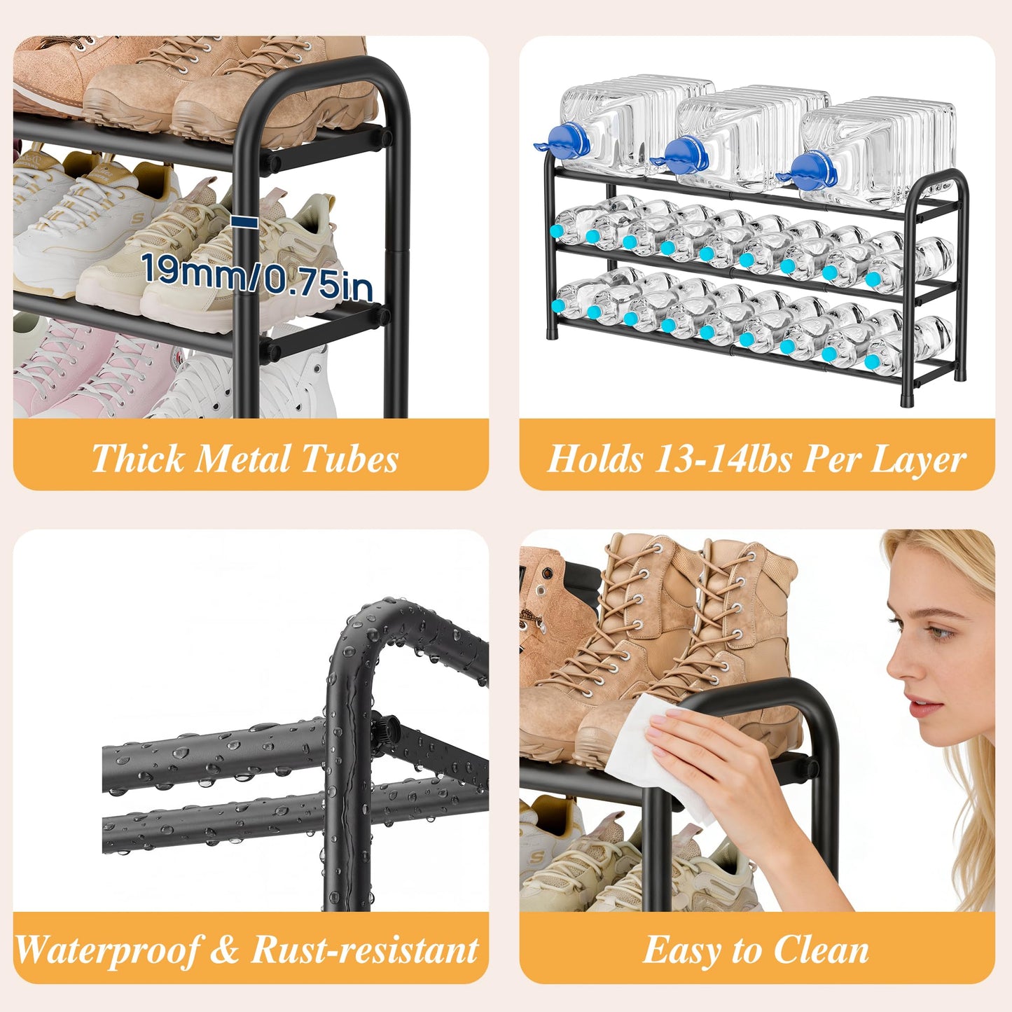 ENJOYBASICS Metal Shoe Racks for Closet, 3-Tier Adjustable Expandable Long Shoe Organizer Shelf, 45 to 118 cm，for 6-18 Pairs, Free Standing Rack Storage for Entryway