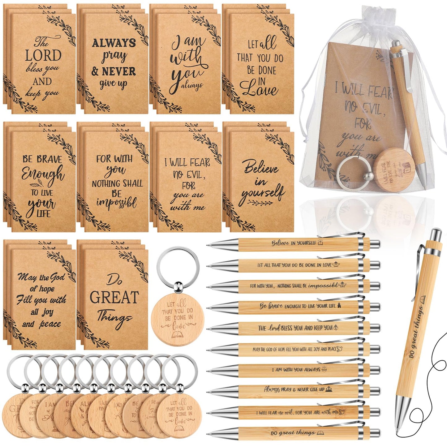 Yeaqee 80 Pcs Christian Gifts Retractable Bamboo Pen Bible Verse Inspirational Notebook Keychain Organza Bags for Women Men Gifts