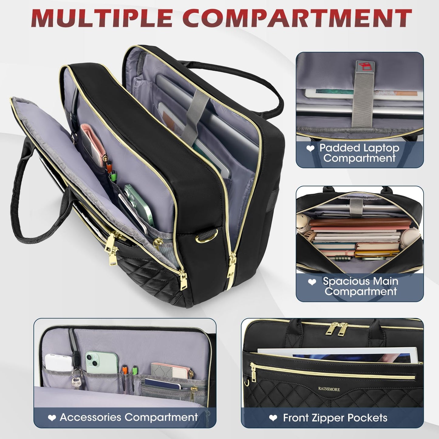 RAINSMORE Laptop Bags for Women 17 Inch Laptop Briefcase Waterproof Messenger Bag Large Computer Bag for Business Office Work College, Black