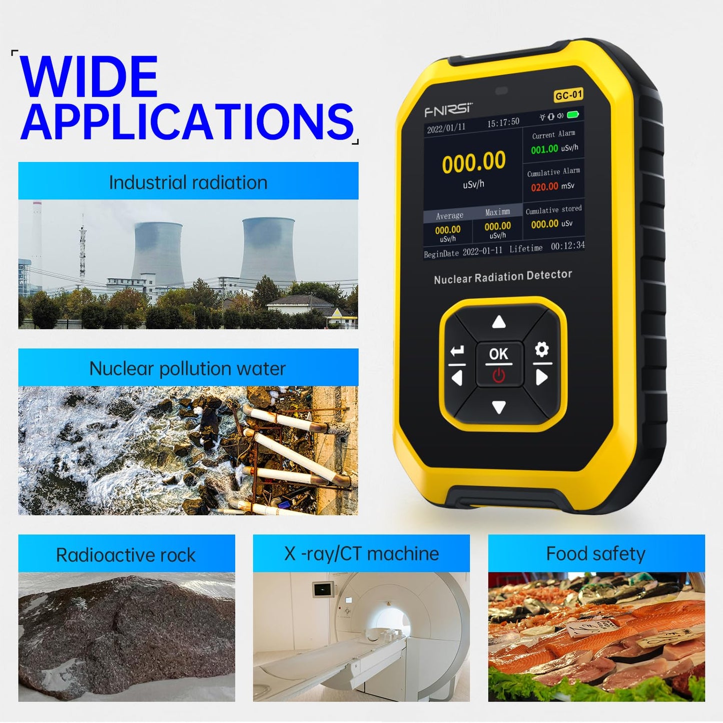 FNIRSI Geiger Counter Nuclear Radiation Detector - Radiation Dosimeter with LCD Display, Portable Handheld Beta Gamma X-ray Rechargeable Radiation Monitor Meter, 5 Dosage Units Switched,0.0μSv-500mSv