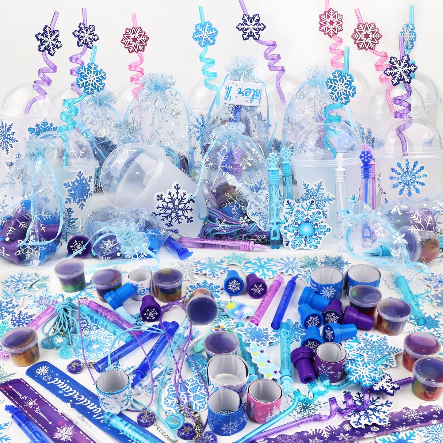 170PCS Birthday Party Favors for Girls, Snowflake Princess Theme Party Supplies - Includes Party Cups with Straws, Hairpins, Pendants, Bracelets, Stickers, Snowflake Toys, Goodie Bags