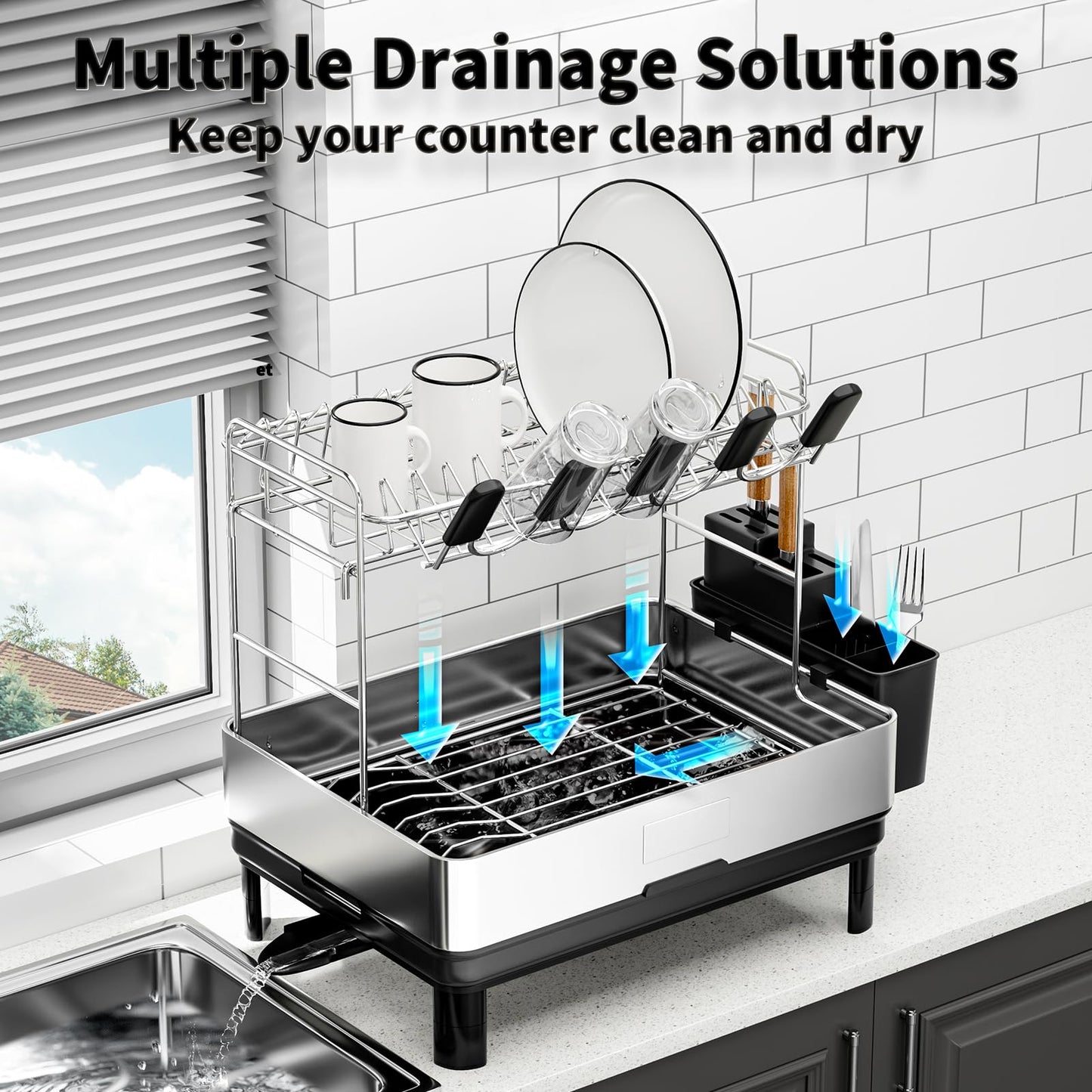 Ewaiira Dish Drying Rack, 2 Tier Large Dish Rack, Stainless Steel Dish Drainer for Kitchen Counter, Dishes Rack with Automatic Drainage, Utensil Holder,Cups Holder,Space Saving Kitchen Organizer,Black